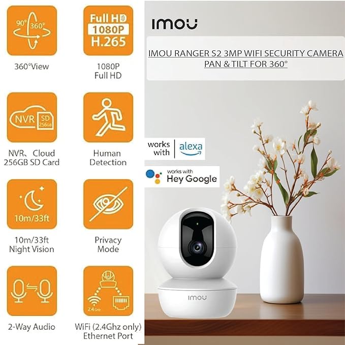 Imou Ranger S2 3MP WiFi Security Camera, Pan & Tilt for 360°, Human Detection, Smart Tracking, 2-Way Audio, Night Vision, Alexa Google Assistant, Up to 256GB SD Card Support