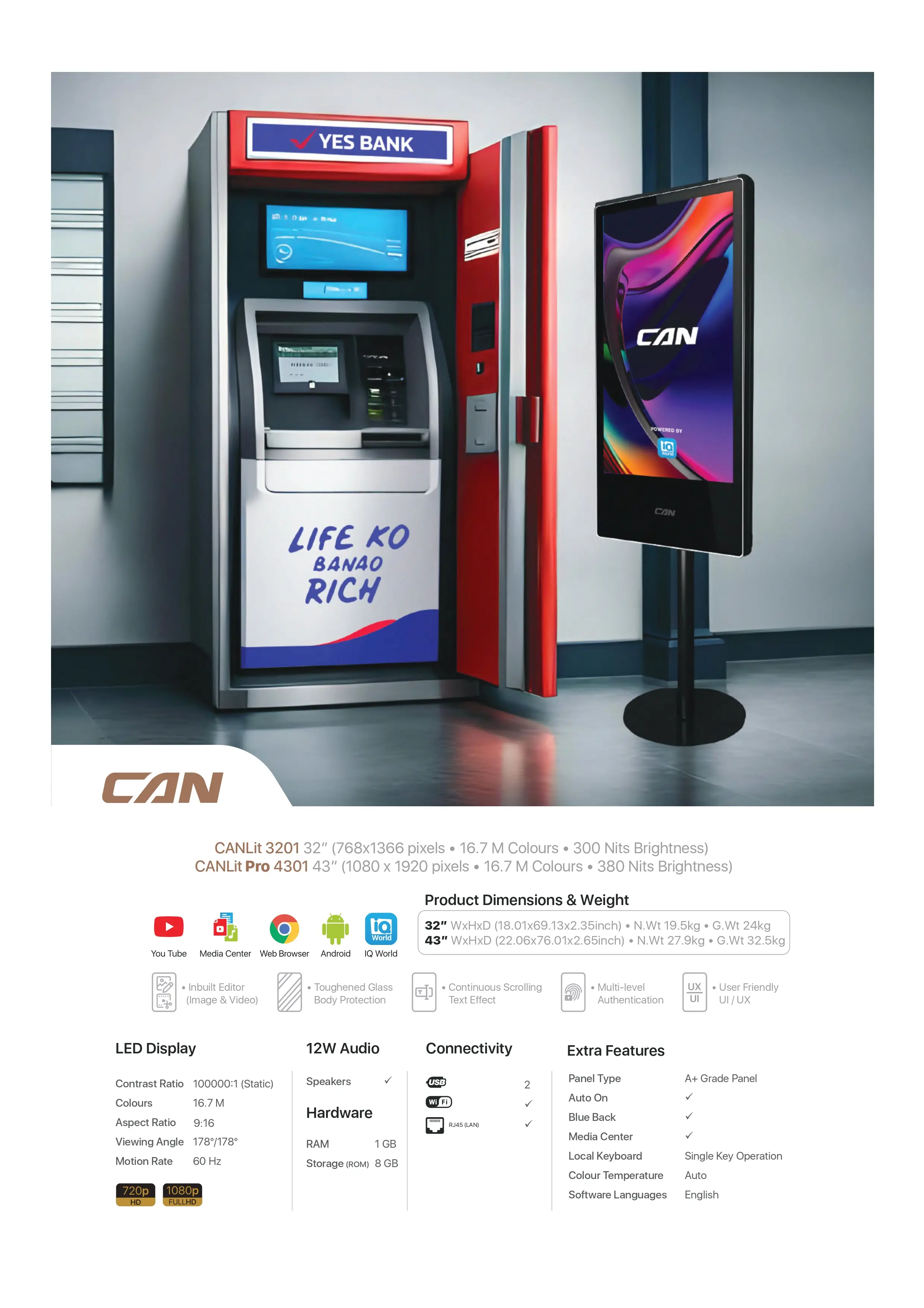 LED Display - CANLit 3201 & Pro 4301 – 32” & 43” LED Digital Signage Displays with Toughened Glass & Built-in Media Editor