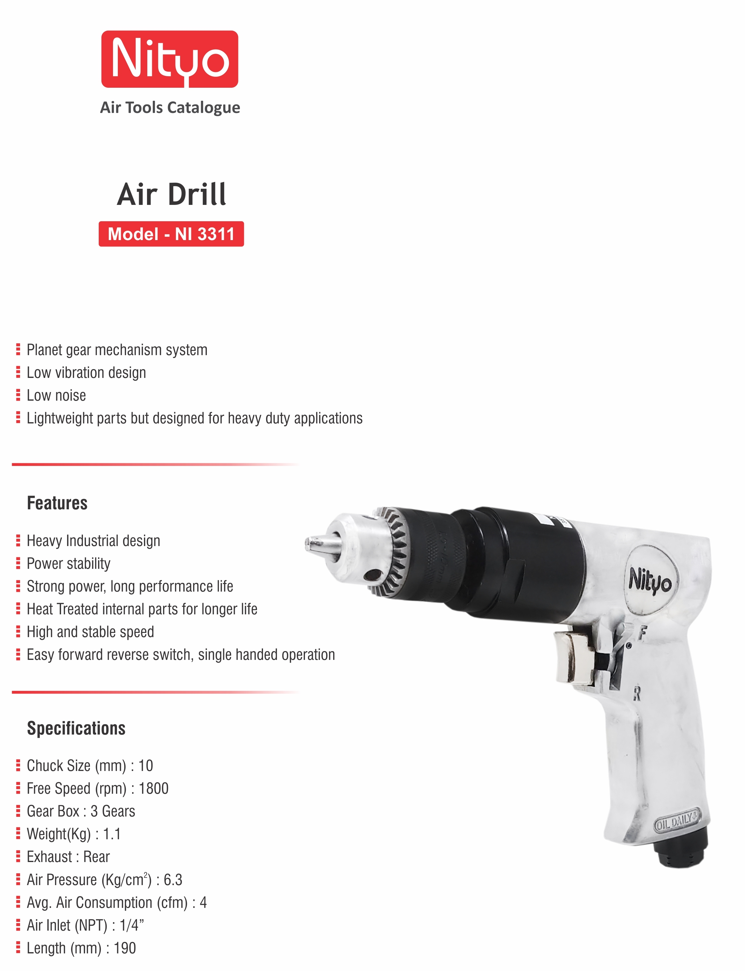 Nityo NI 3311 Heavy-Duty Pneumatic Air Drill – 10mm Chuck | 1800 RPM | Rear Exhaust | 3-Gear System