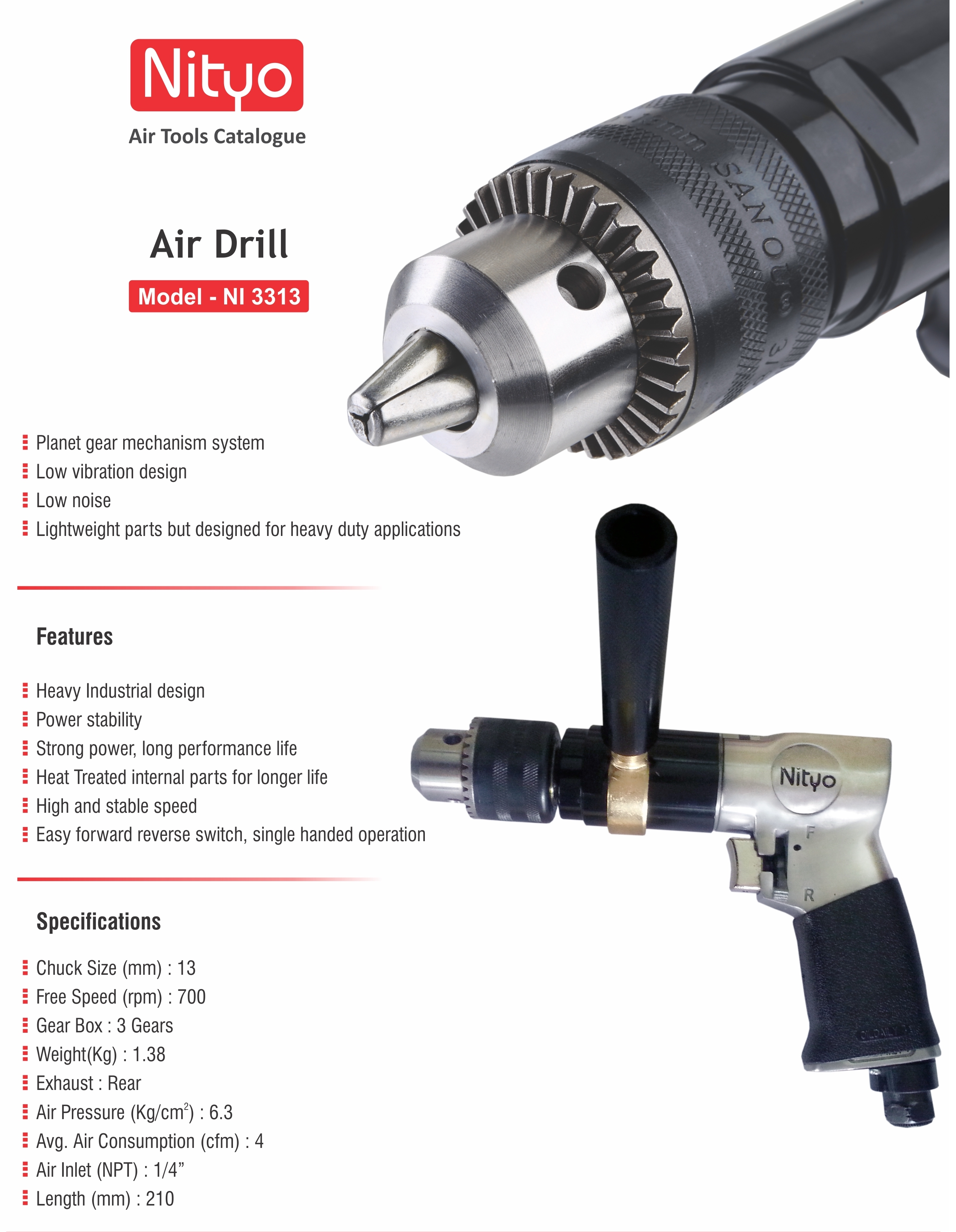 Nityo NI 3313 13mm Air Drill | 700 RPM | 3-Gear Heavy-Duty Pneumatic Tool