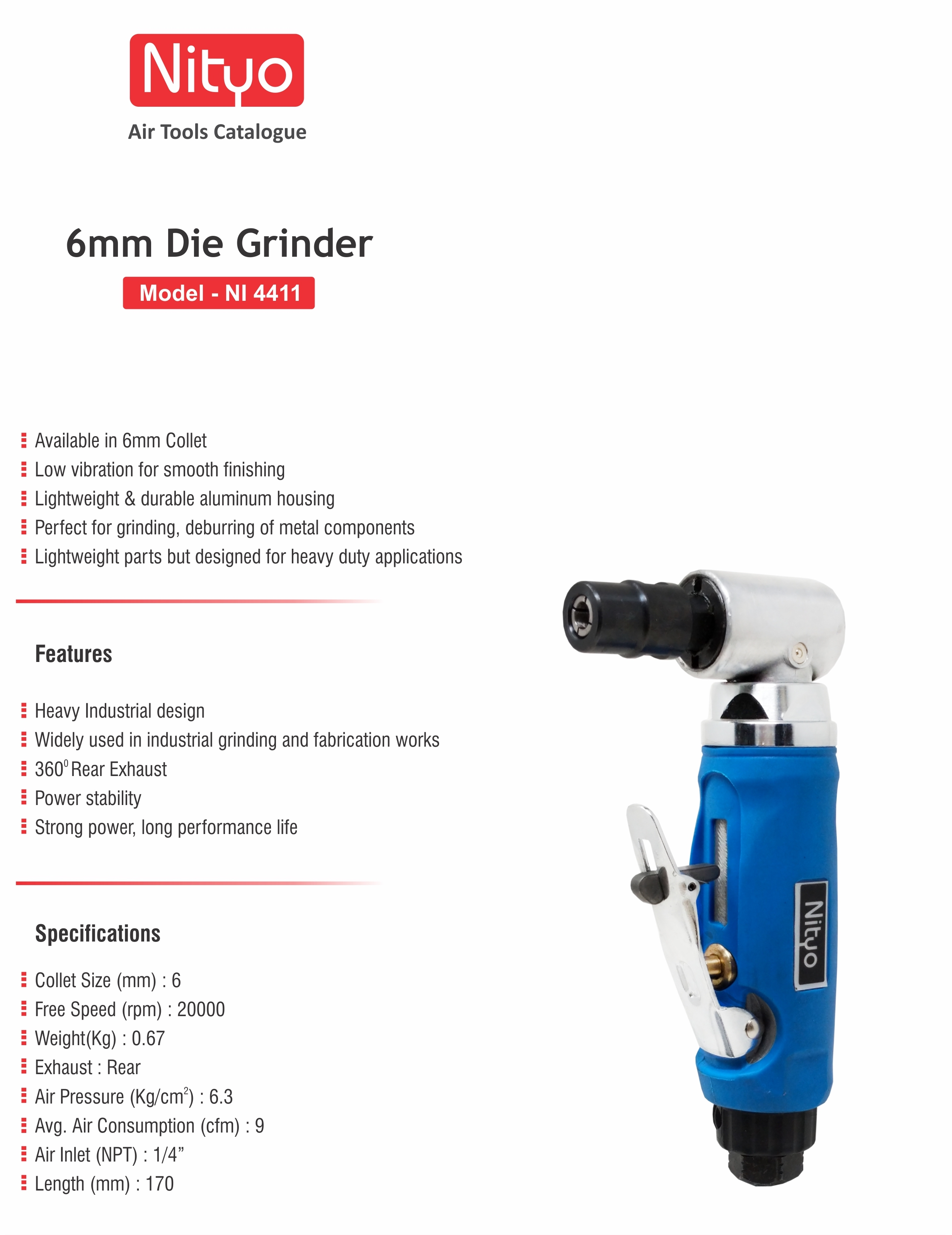 Nityo NI 4411 6mm Die Grinder – 20,000 RPM | 360° Rear Exhaust | Heavy-Duty with High Air Flow