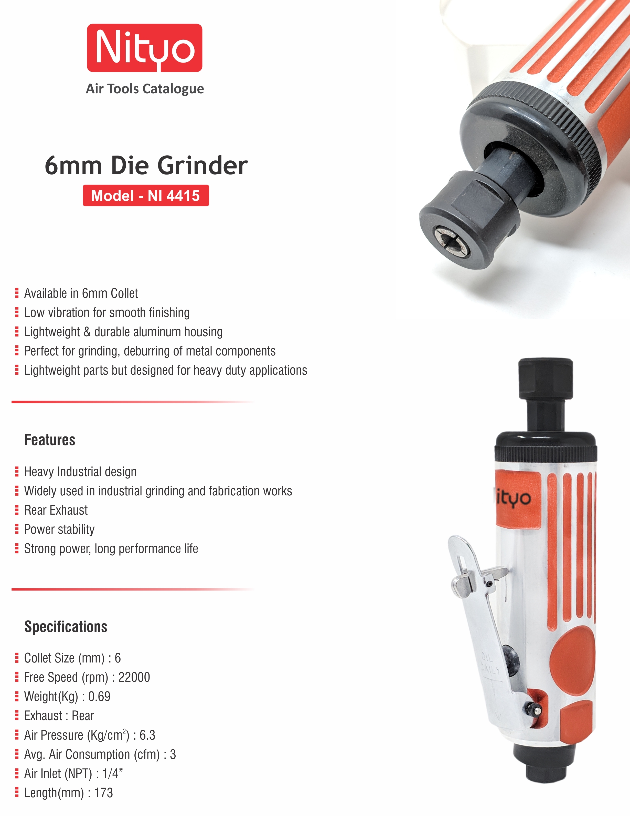 Nityo NI 4415 6mm Die Grinder – 22,000 RPM | Low Vibration | Rear Exhaust | Durable Design