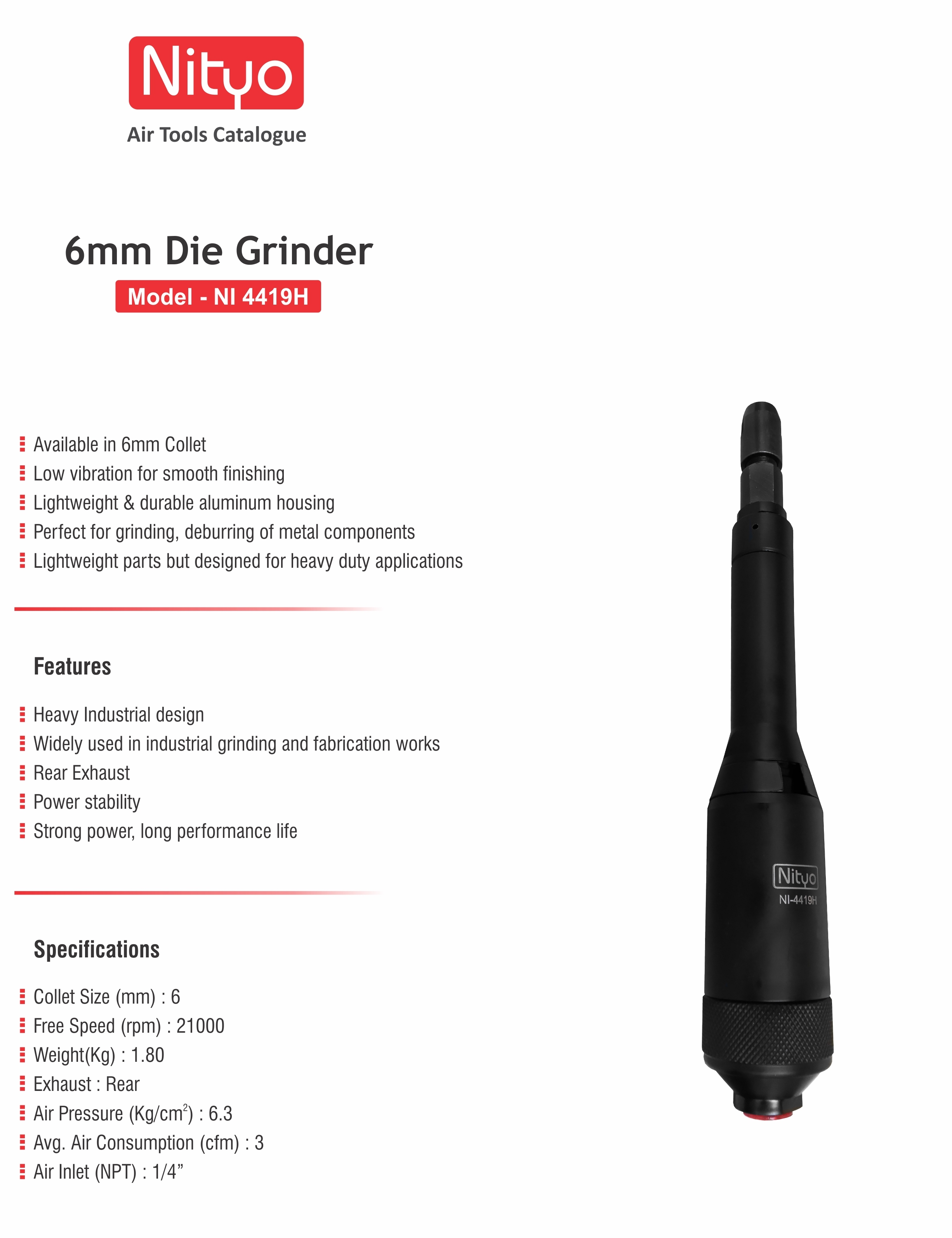 Nityo NI 4419H 6mm Die Grinder – 21,000 RPM | Heavy-Duty | Rear Exhaust | Industrial Grade Tool