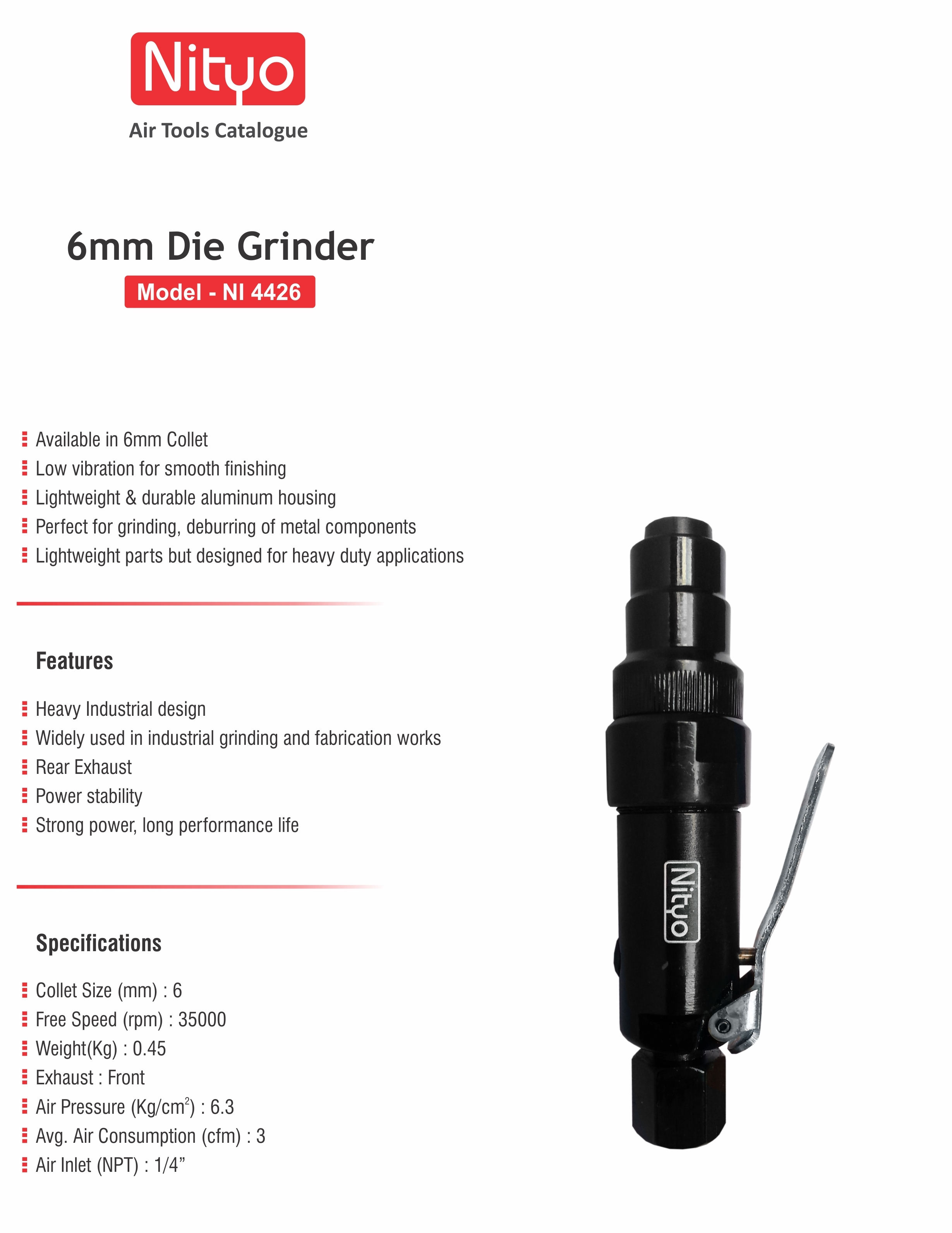 Nityo NI 4426 6mm Die Grinder – 35,000 RPM | Lightweight | Front Exhaust | Durable Build