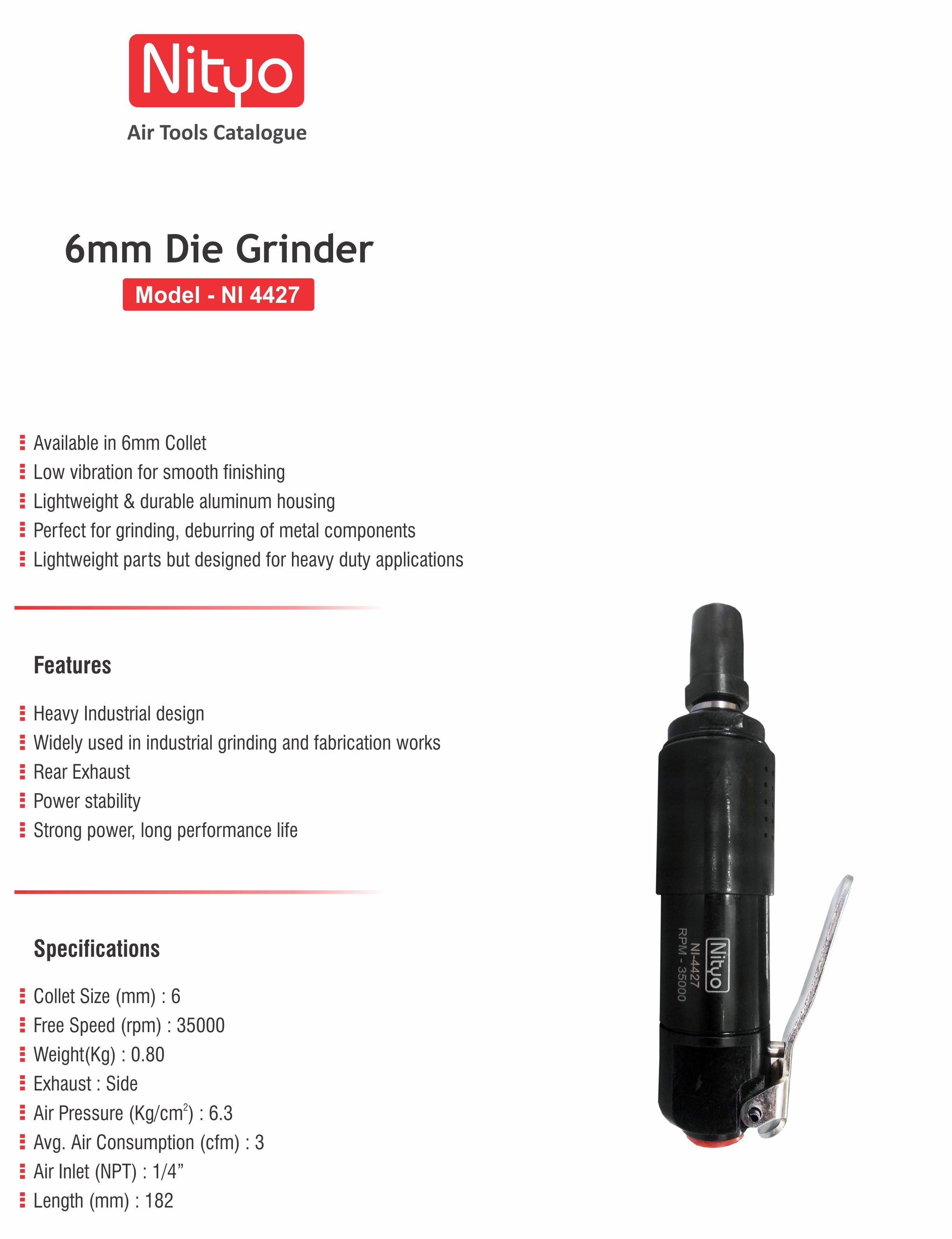 Nityo NI 4427 6mm Die Grinder – 35,000 RPM | Side Exhaust | Durable & Heavy-Duty Tool