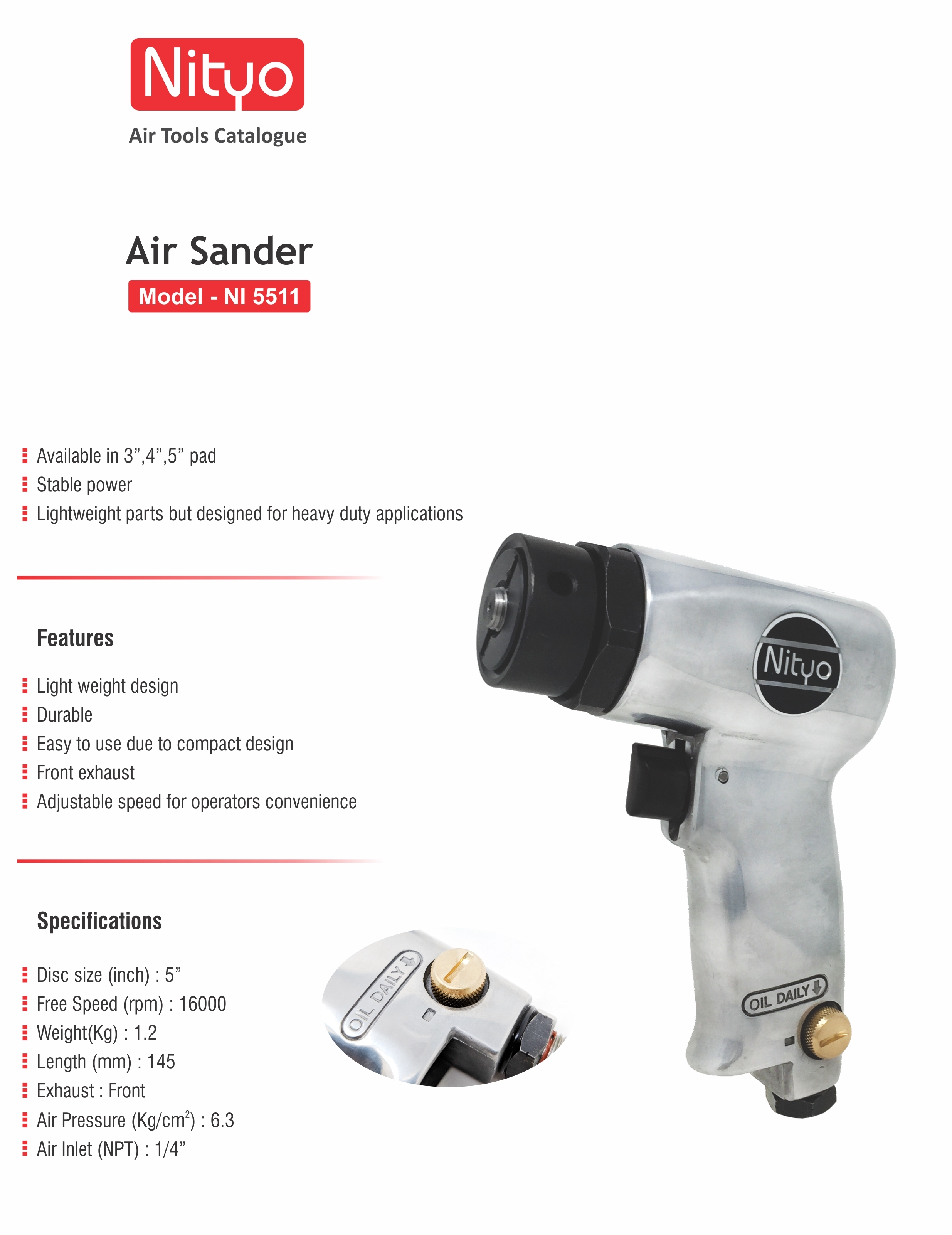 Nityo NI 5511 Air Sander – 3"/4"/5" Pad | 16,000 RPM | Adjustable Speed | Lightweight Design