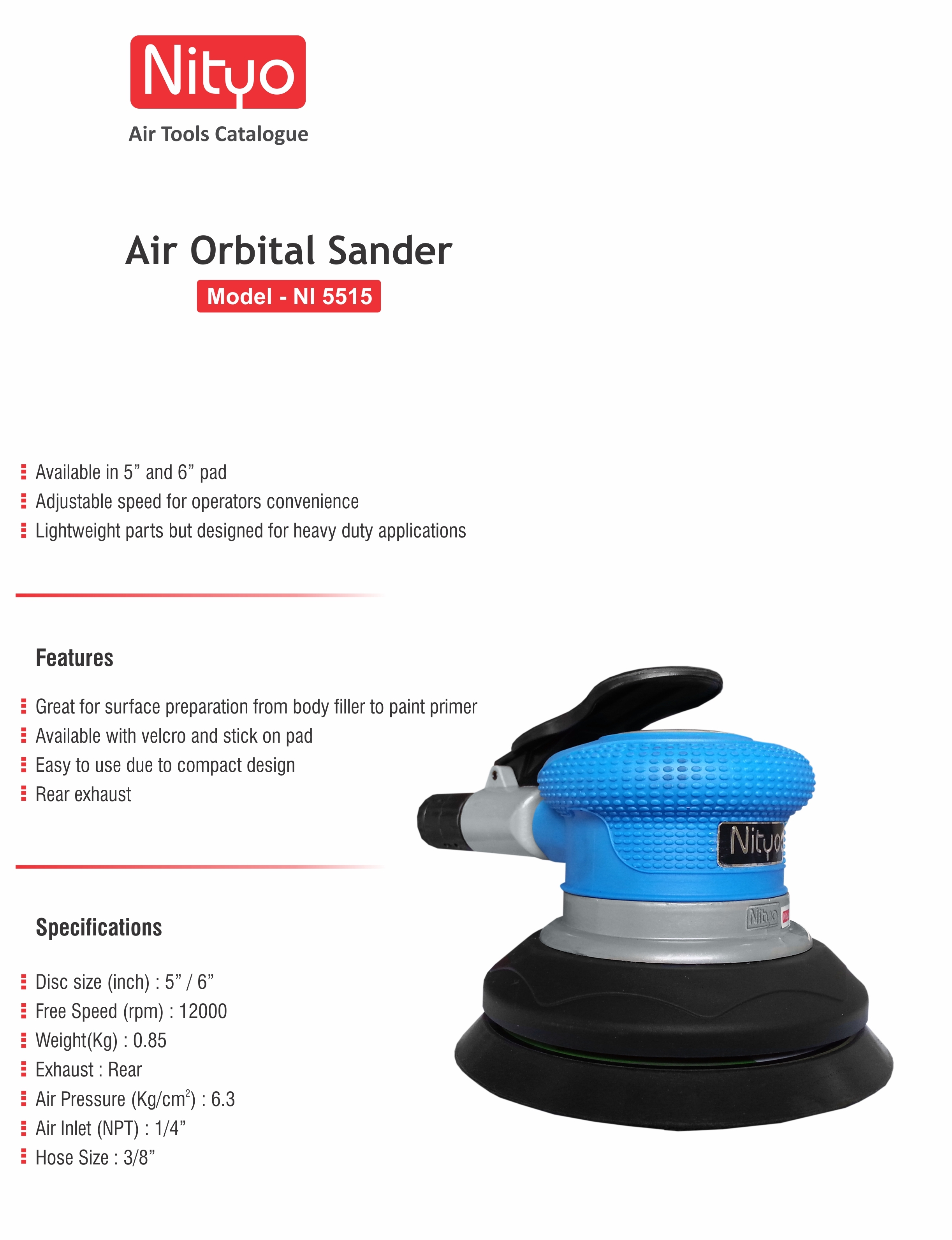 Nityo NI 5515 Air Orbital Sander – 5"/6" Disc, 12,000 RPM, Lightweight with Rear Exhaust