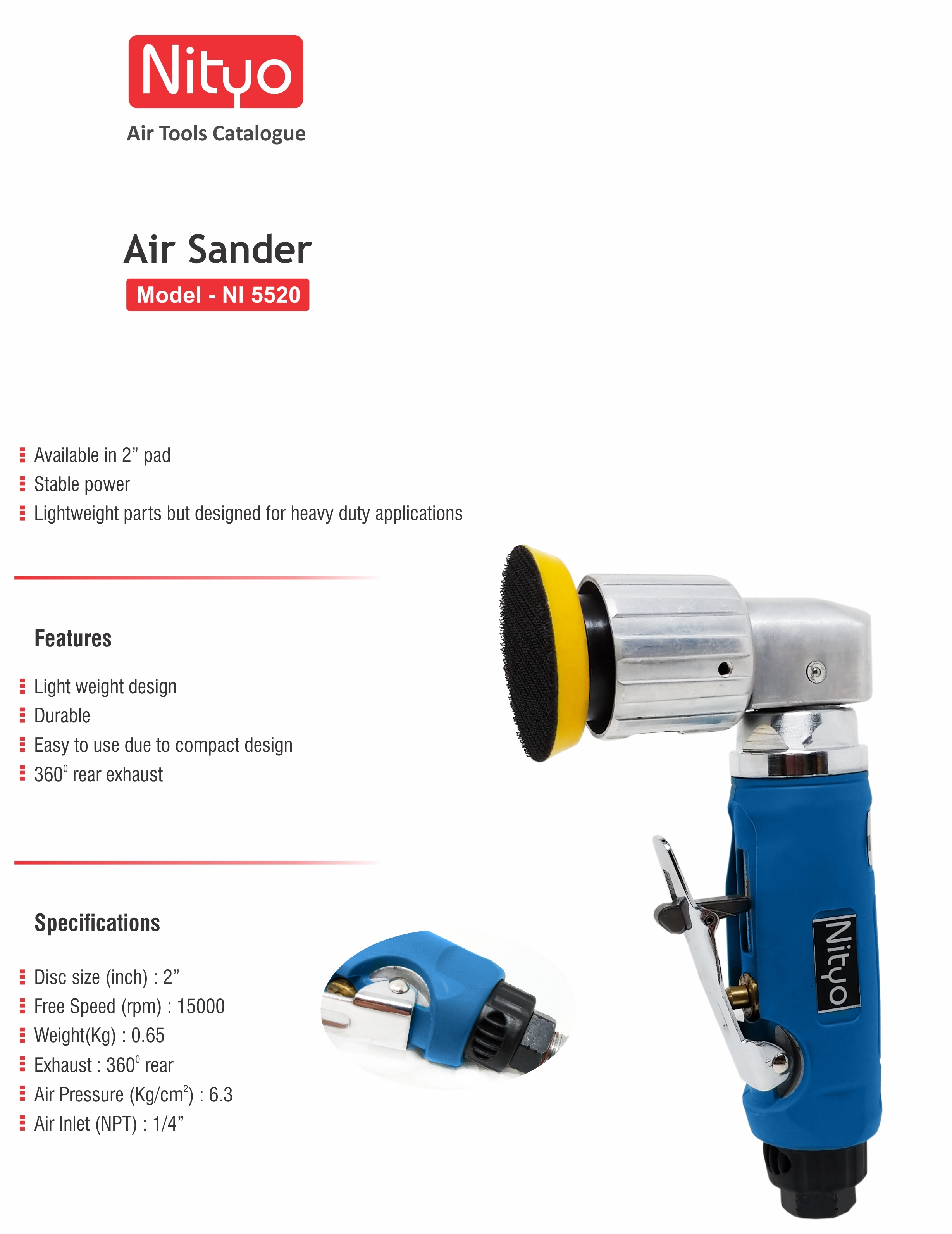 Nityo NI 5520 Air Sander – 2" Pad, 15,000 RPM, Lightweight Design, 360° Rear Exhaust