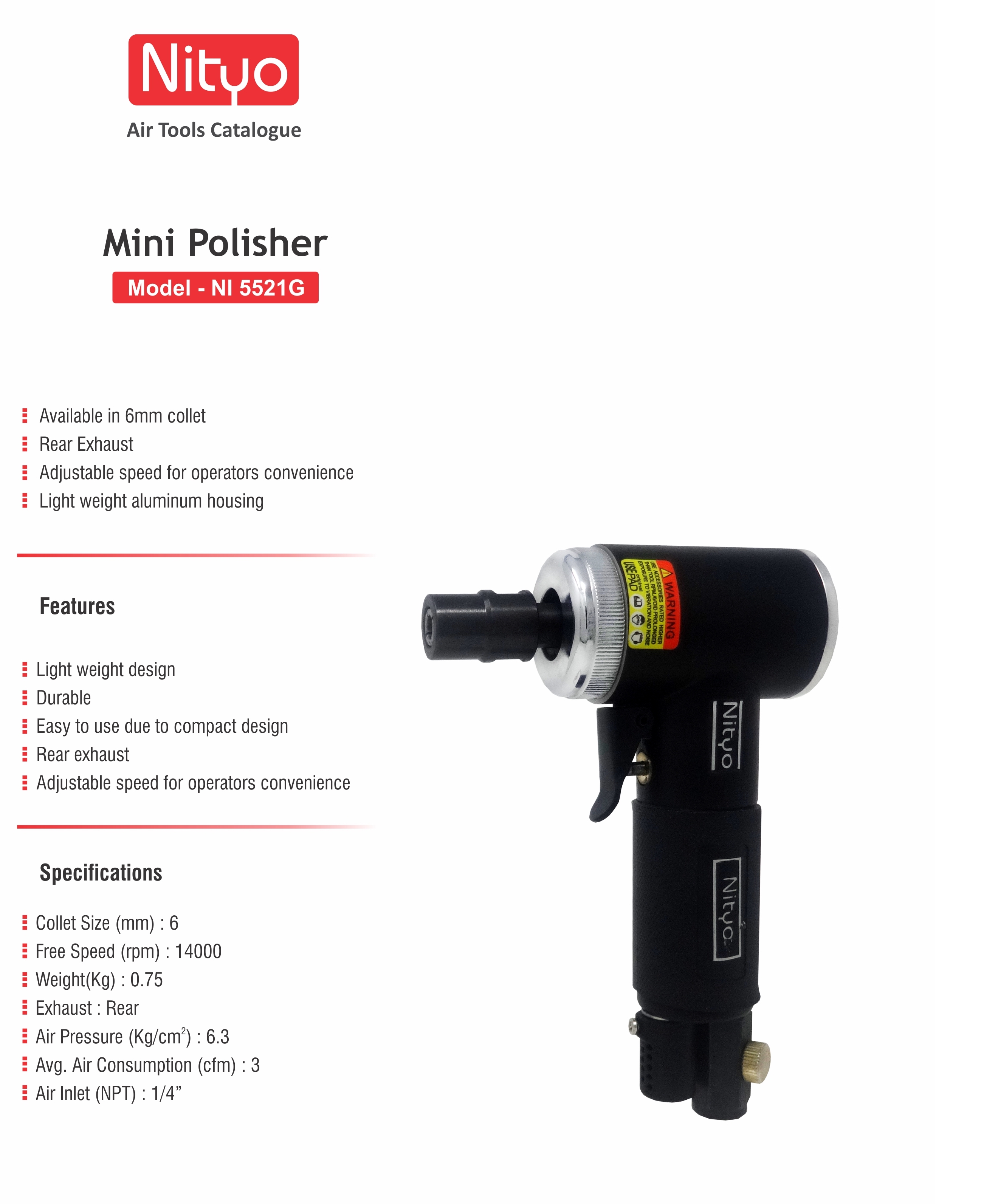 Nityo NI 5521G Compact Air Polisher – 6mm Collet for Precision Finishing