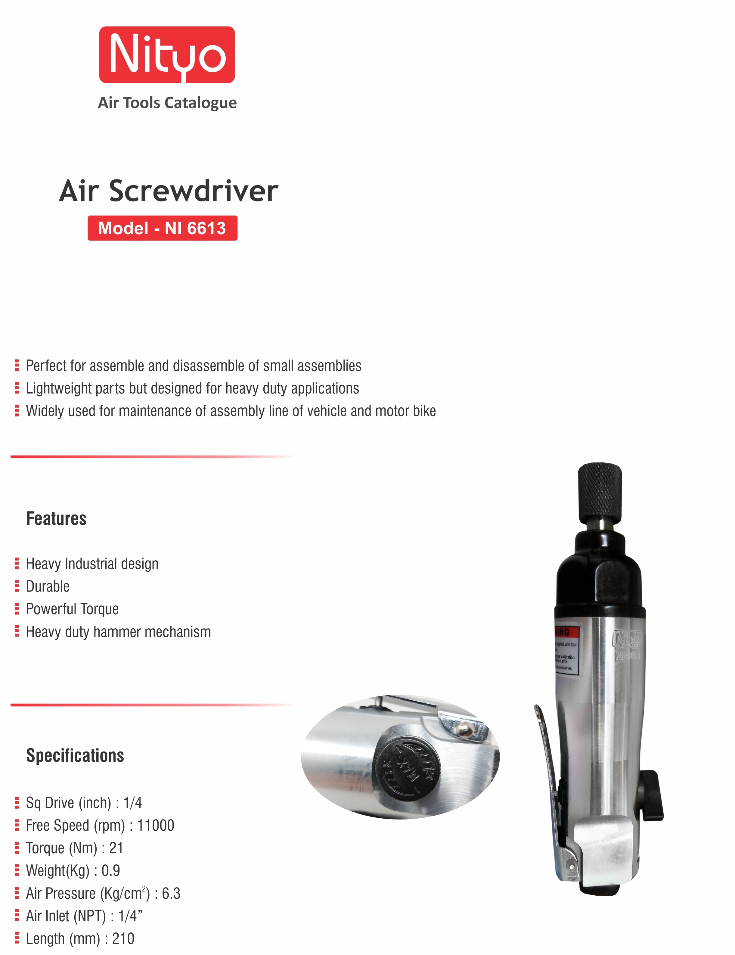 Nityo NI 6613 1/4" Air Screwdriver | 11000 RPM | 21 Nm Torque | Heavy-Duty Pneumatic Tool