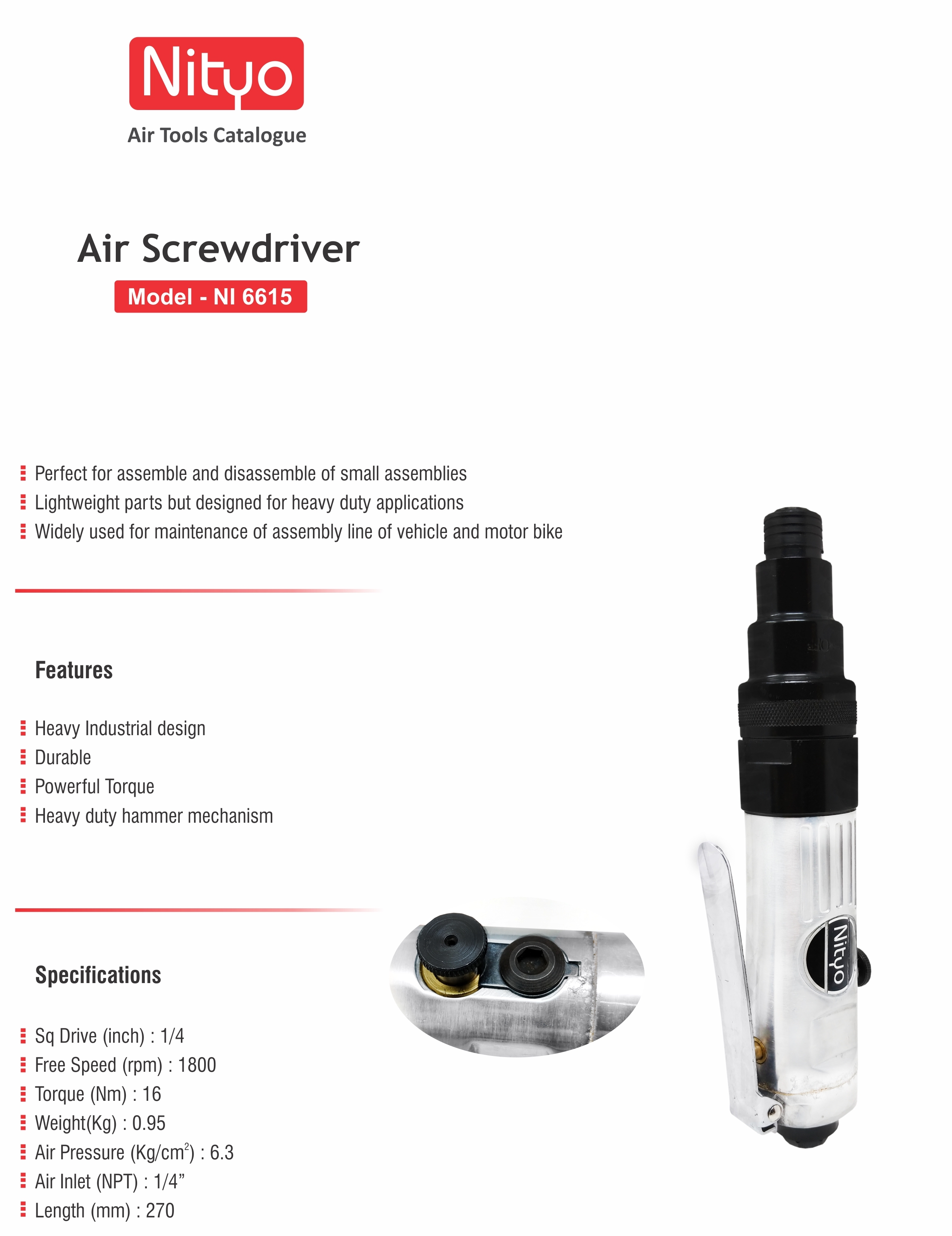Nityo NI 6615 1/4" Air Screwdriver | 1800 RPM | 16 Nm Torque | Heavy-Duty Pneumatic Tool