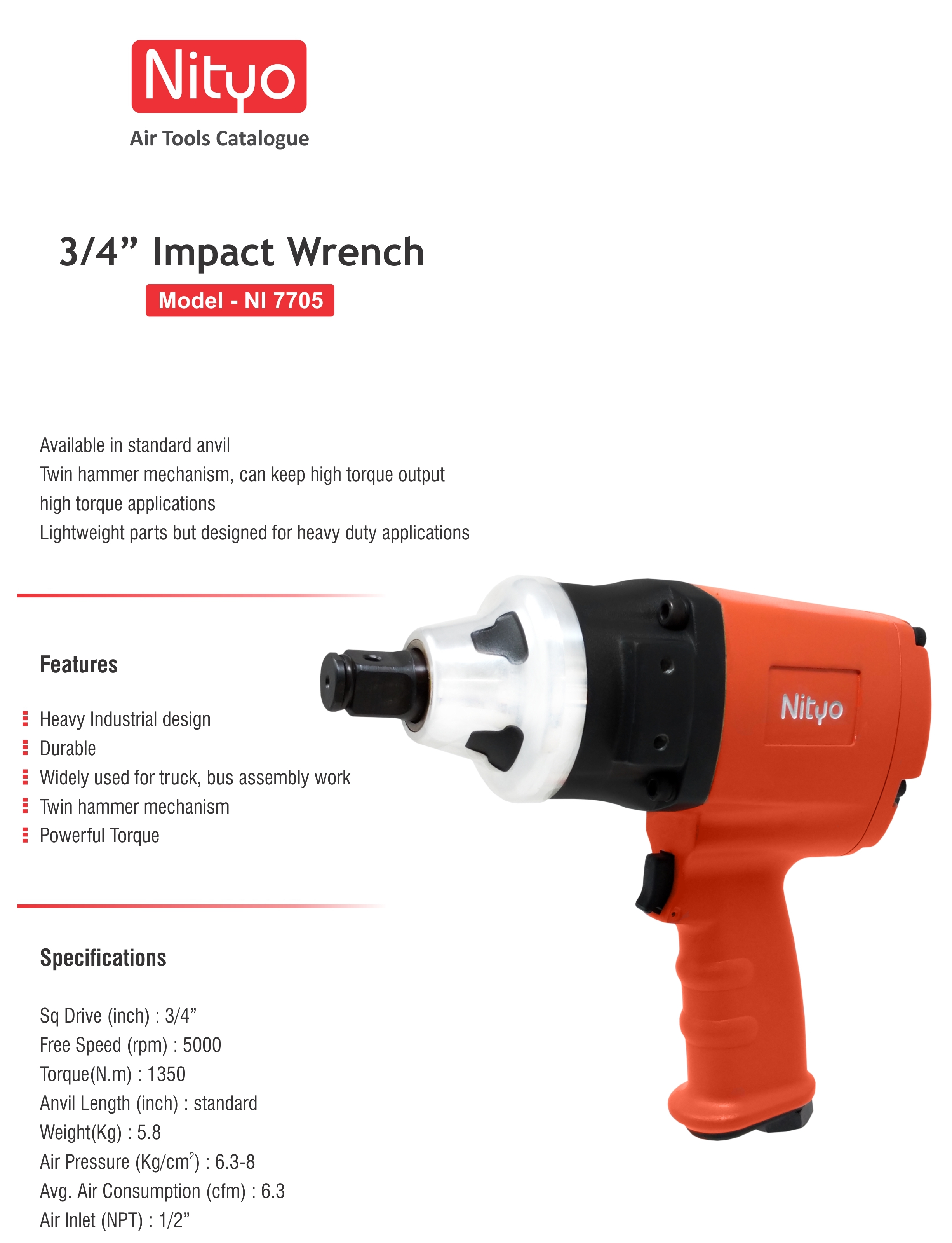 Nityo NI 7705 3/4" Air Impact Wrench – Twin Hammer, 1350 Nm Torque, Heavy-Duty Design