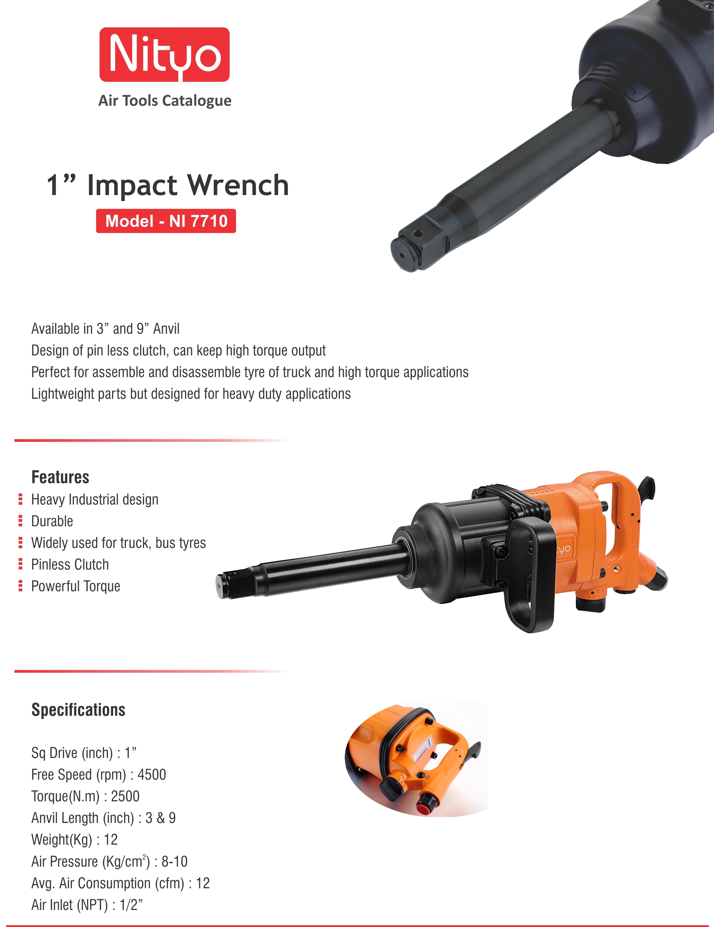 NI 7710 1" Heavy Duty Air Impact Wrench – 3" & 9" Anvil, 2500 Nm Torque