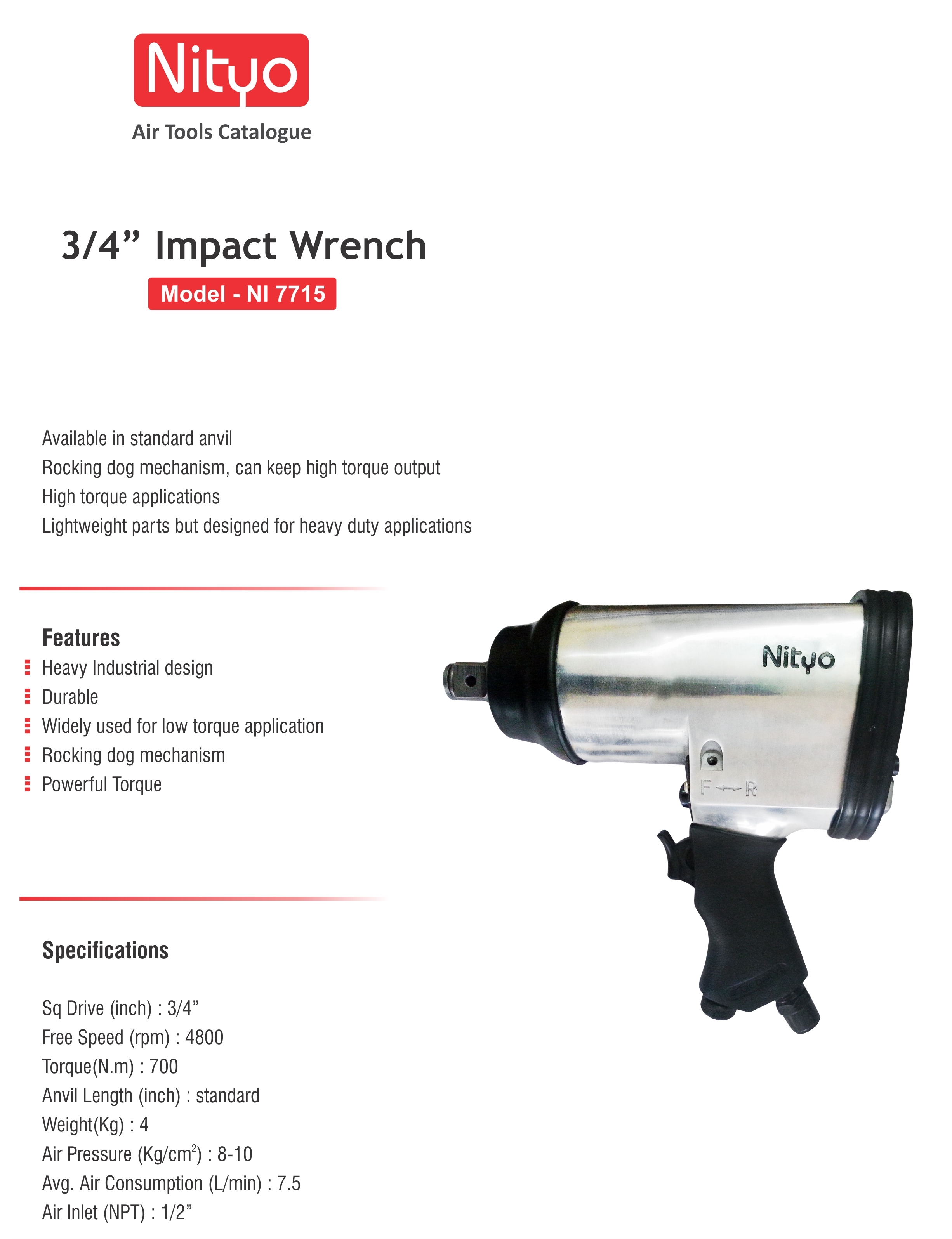 Nityo NI 7715 3/4" Air Impact Wrench – 700 Nm Torque, Rocking Dog Mechanism, Compact & Durable