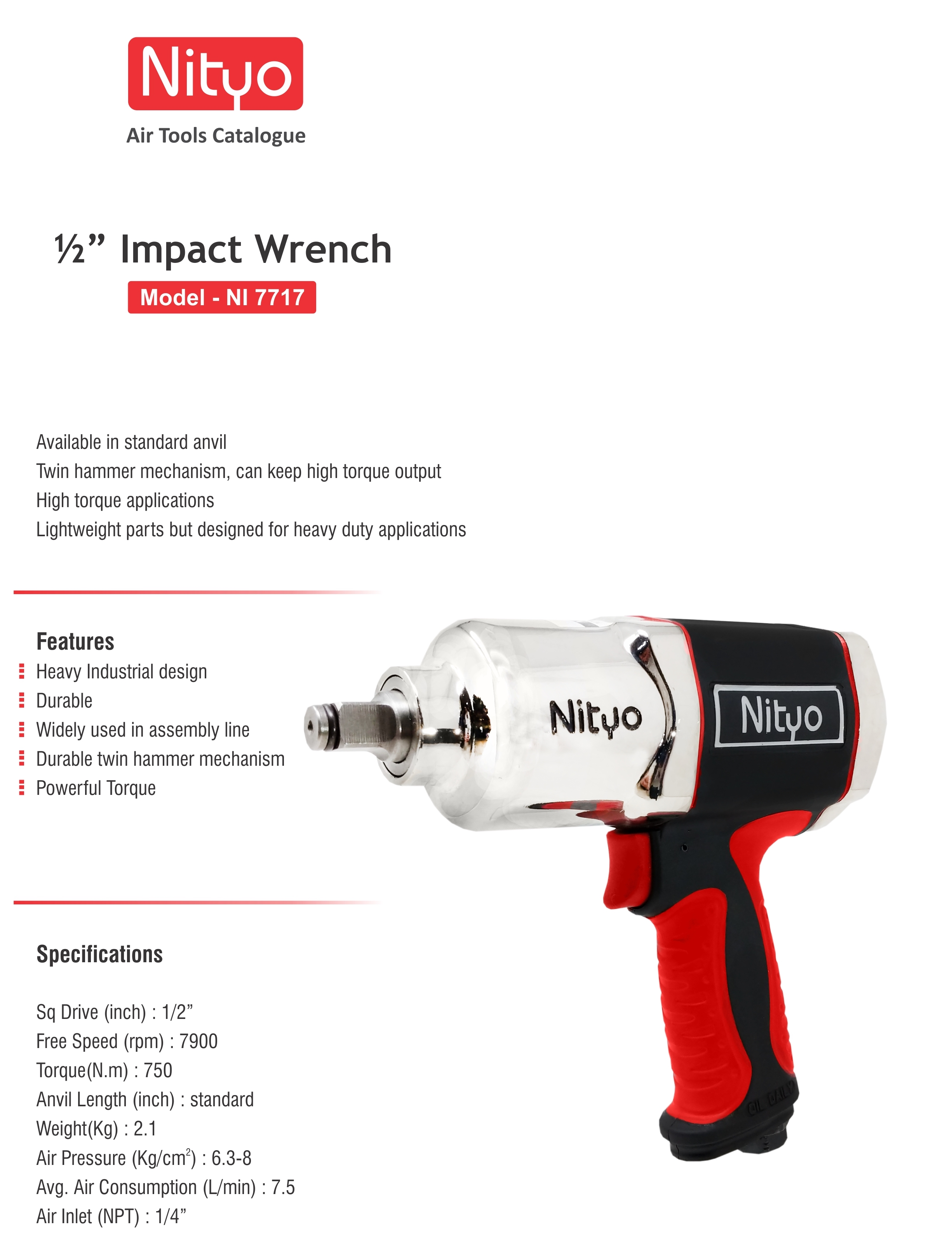 Nityo NI 7717 1/2" Air Impact Wrench – 750 Nm Torque, Twin Hammer, Lightweight & Durable