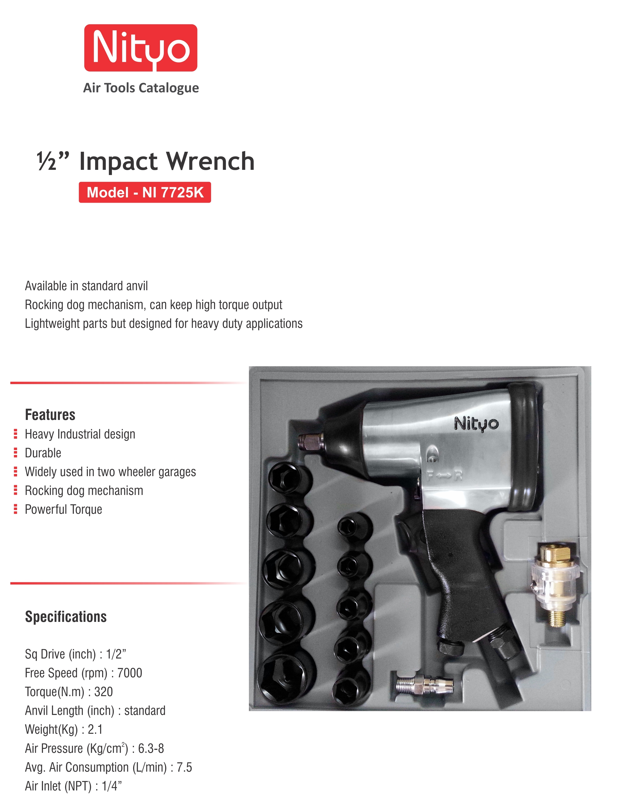 Nityo NI 7725K 1/2" Air Impact Wrench – 320 Nm Torque, Rocking Dog, Ideal for Garage Use
