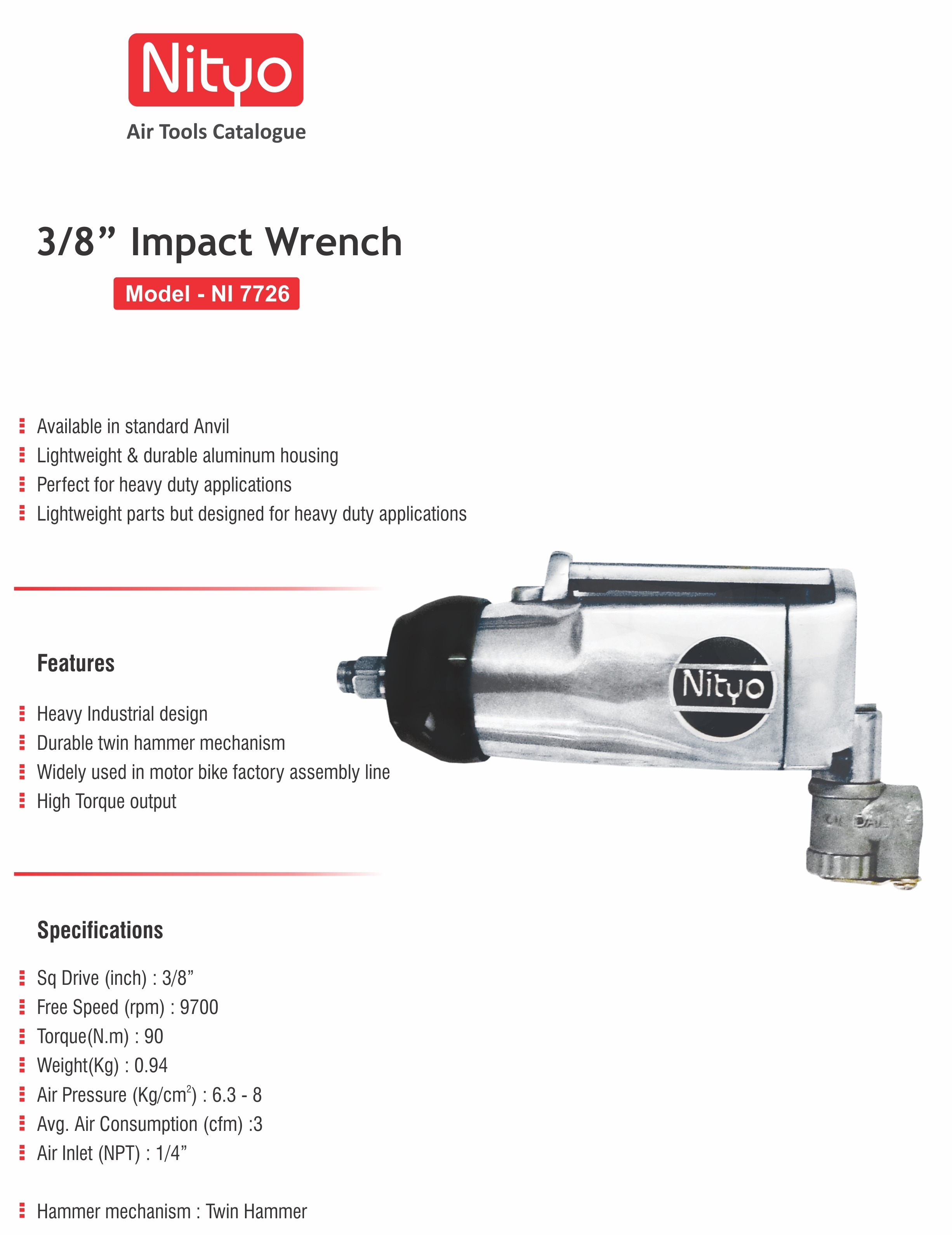 Nityo NI 7726 3/8" Air Impact Wrench – 90 Nm Torque, Twin Hammer, Lightweight Design