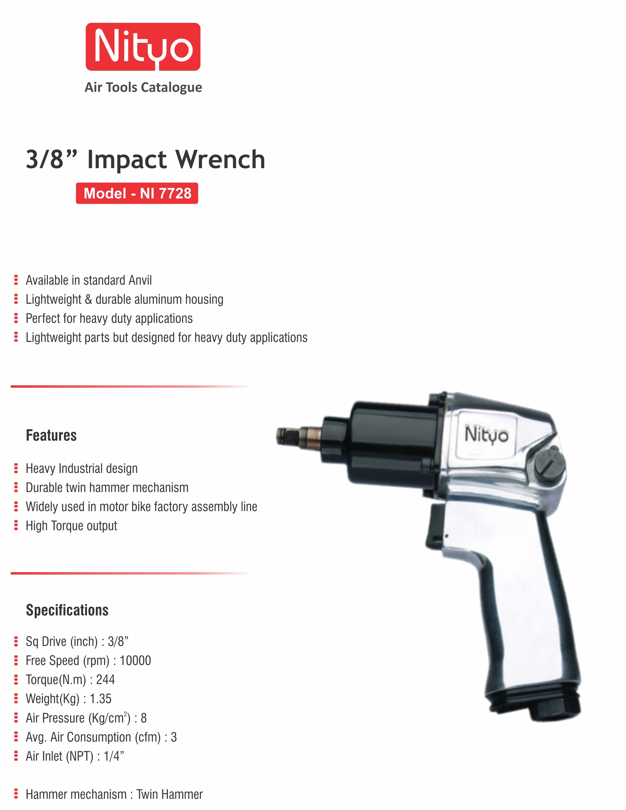 Nityo NI 7728 3/8" Air Impact Wrench – 244 Nm Torque, Twin Hammer, Aluminum Body