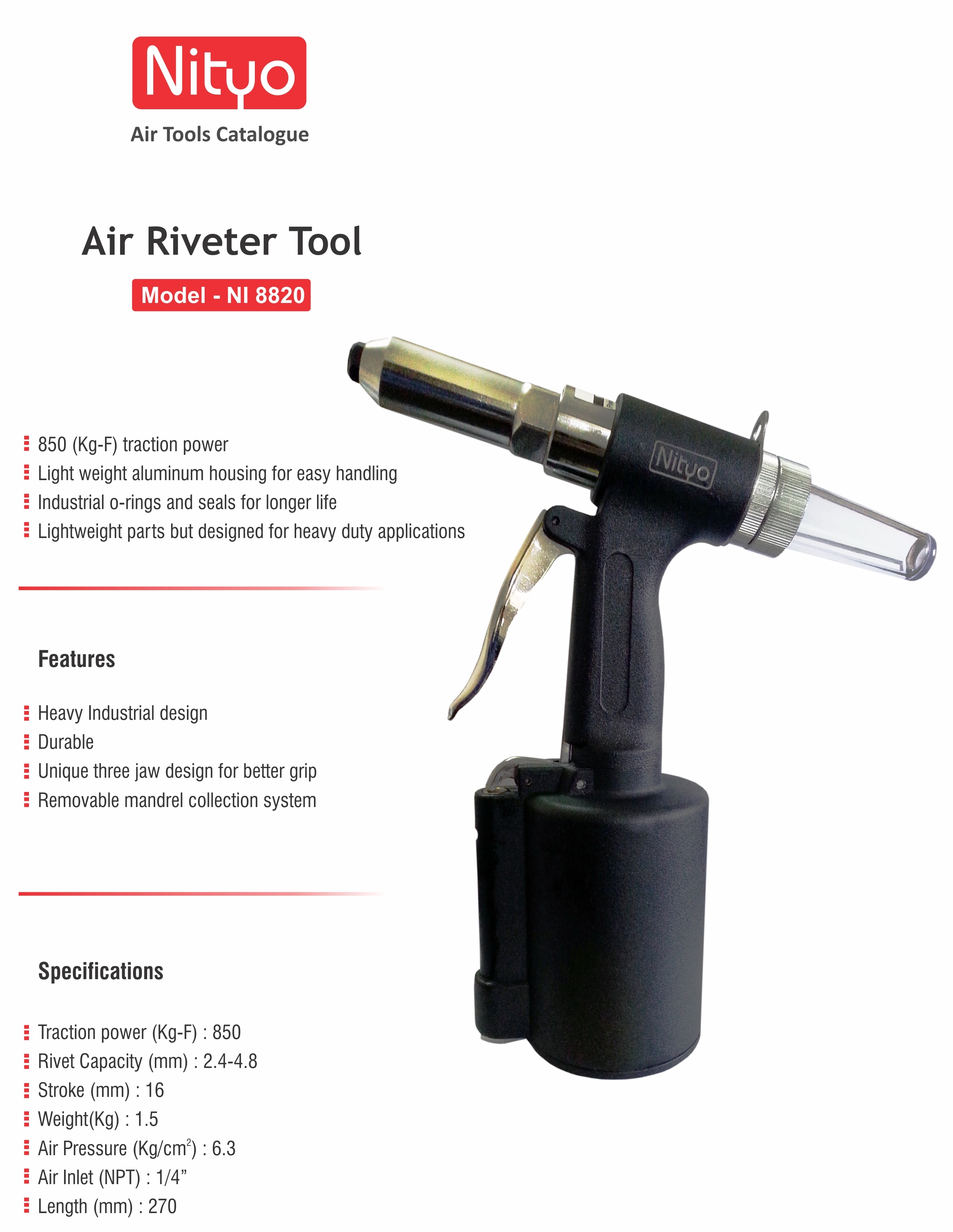Nityo NI 8820 Pneumatic Air Riveter | 850 Kg-F Traction | 2.4–4.8mm Rivet Capacity | Lightweight Aluminum Body