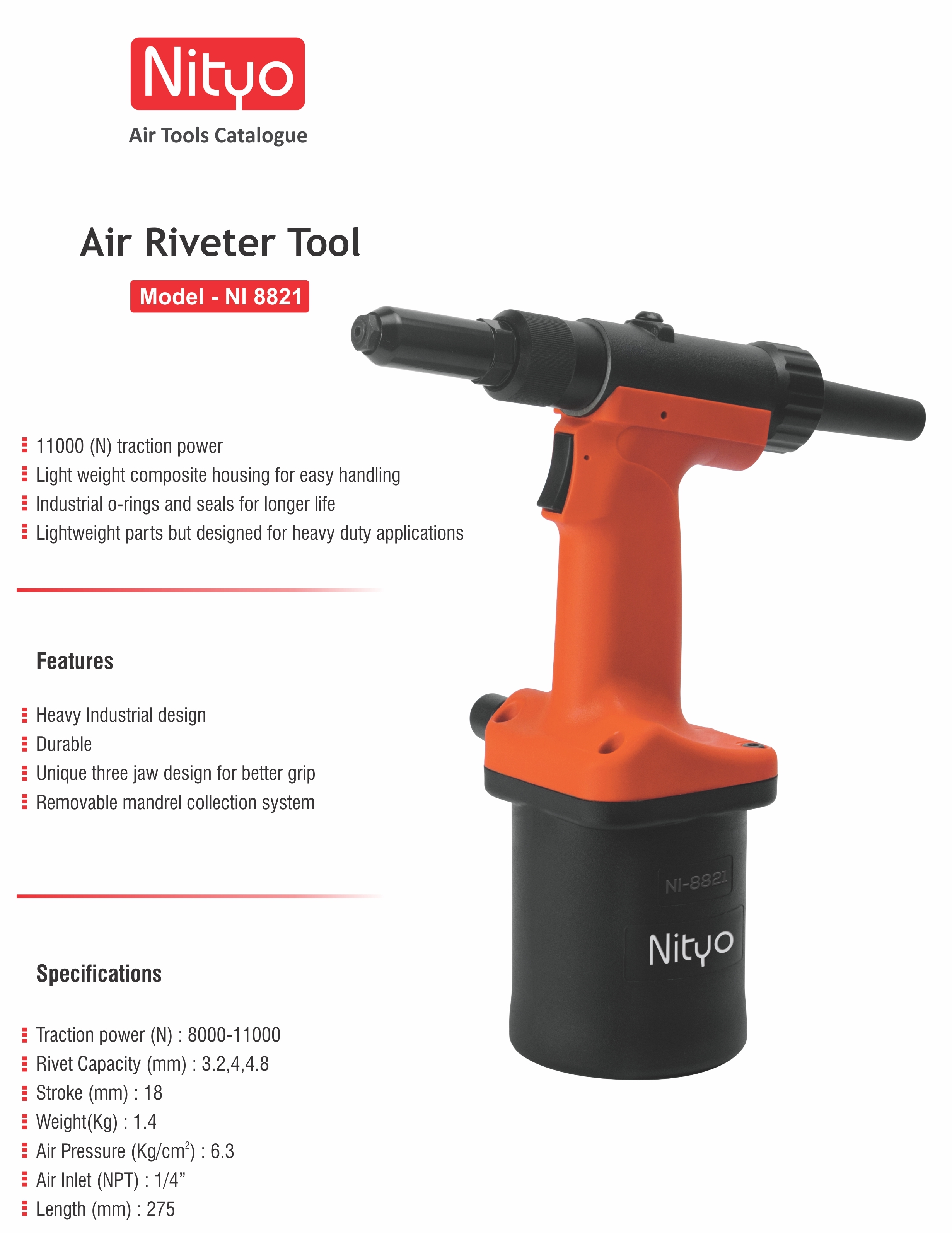 Nityo NI 8821 Pneumatic Air Riveter | 11000N Traction | 3.2–4.8mm Capacity | Composite Body