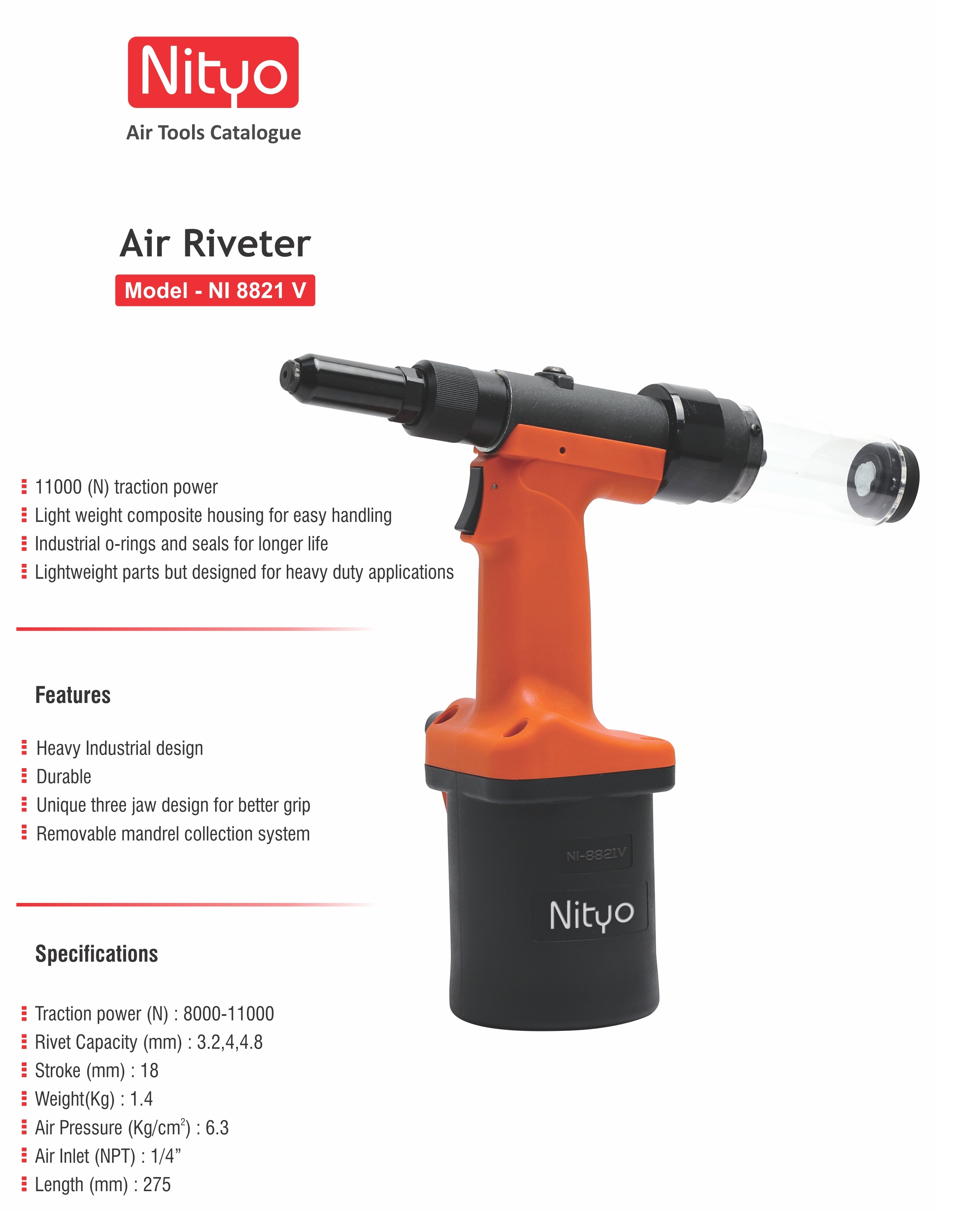 Nityo NI 8821 V Pneumatic Air Riveter | 11000N Traction | 3.2–4.8mm Capacity | Composite Body