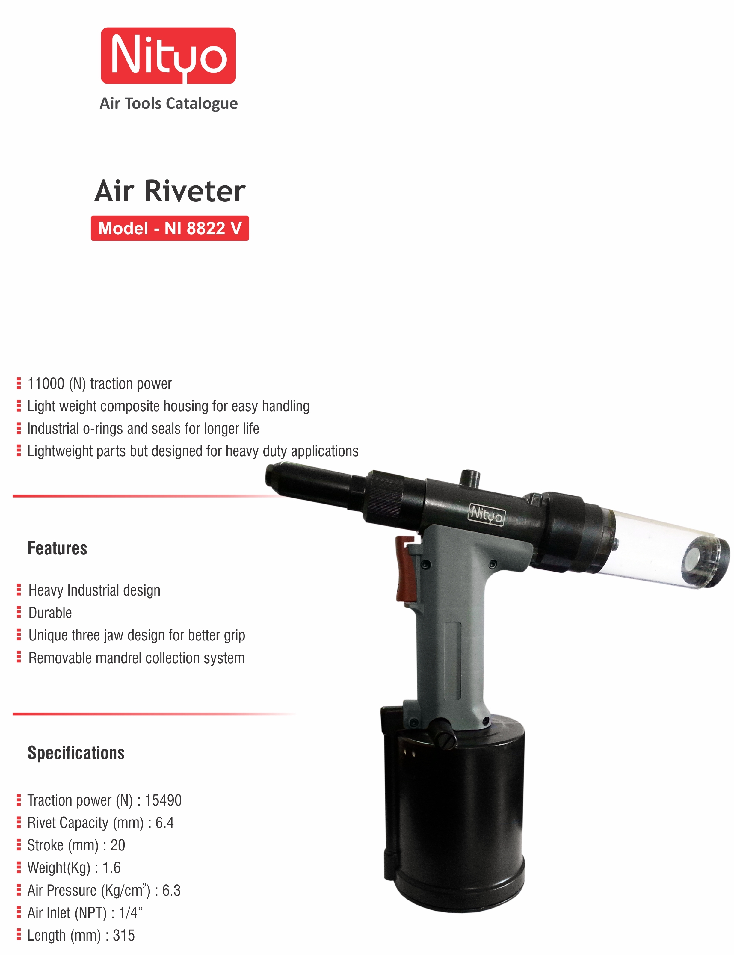 Nityo NI 8822 V Heavy-Duty Air Riveter | 15490N Traction | 6.4mm Capacity | Industrial Pneumatic Tool