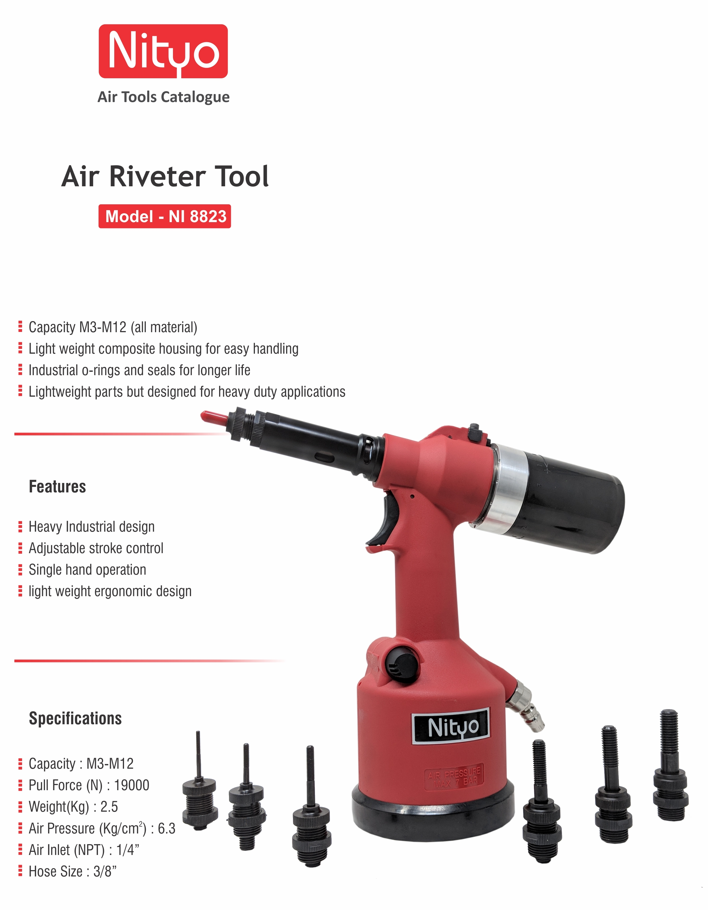 Nityo NI 8823 Heavy-Duty Air Riveter Tool | M3–M12 Capacity | 19000N Pull Force | Pneumatic Riveting Gun