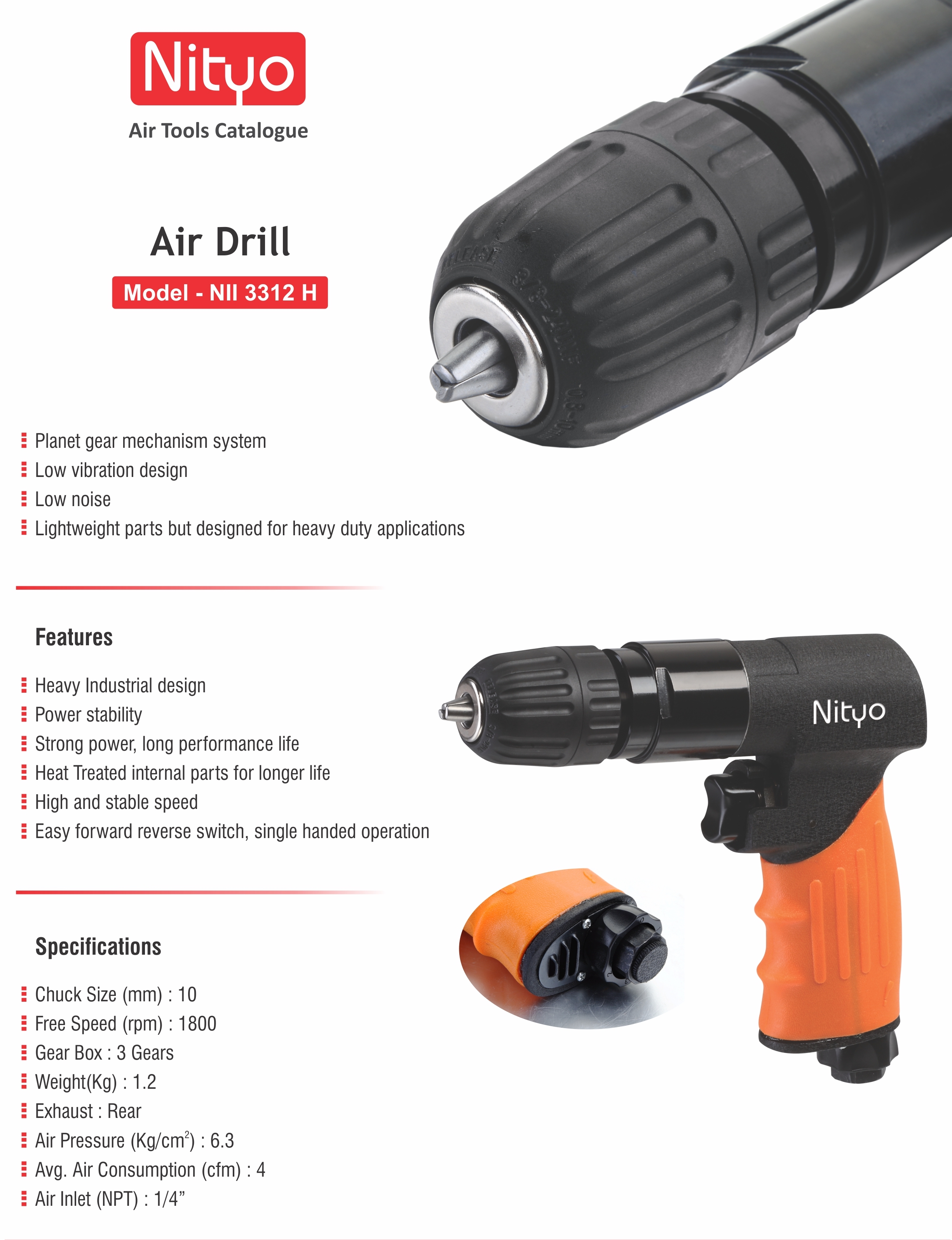 Nityo NI 3312 H Heavy-Duty Pneumatic Air Drill – 10mm Chuck | 1800 RPM | Rear Exhaust | Low Noise & Vibration