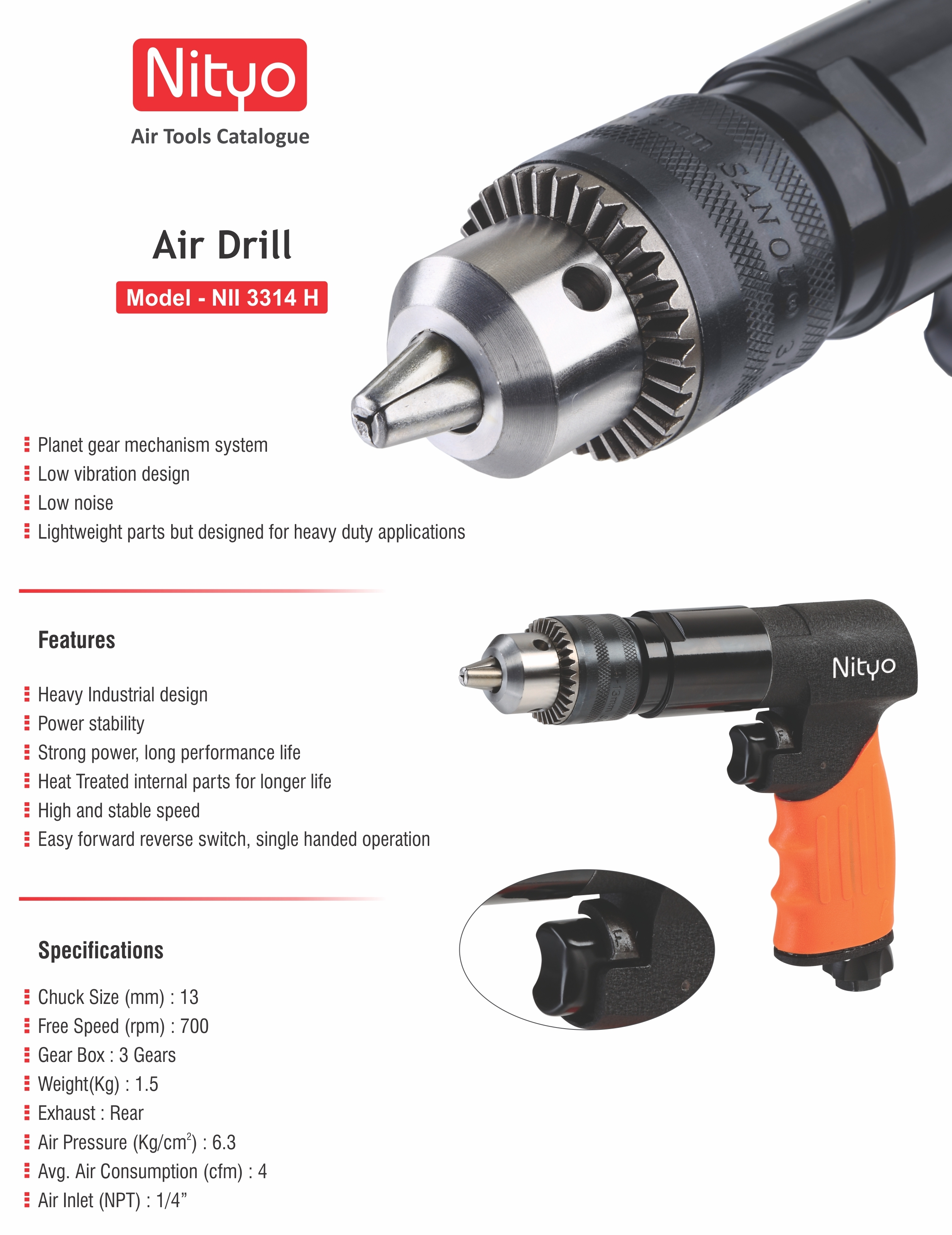 Nityo 13mm Heavy-Duty Pneumatic Drill – Model NIl 3314 H | 700 RPM | Rear Exhaust