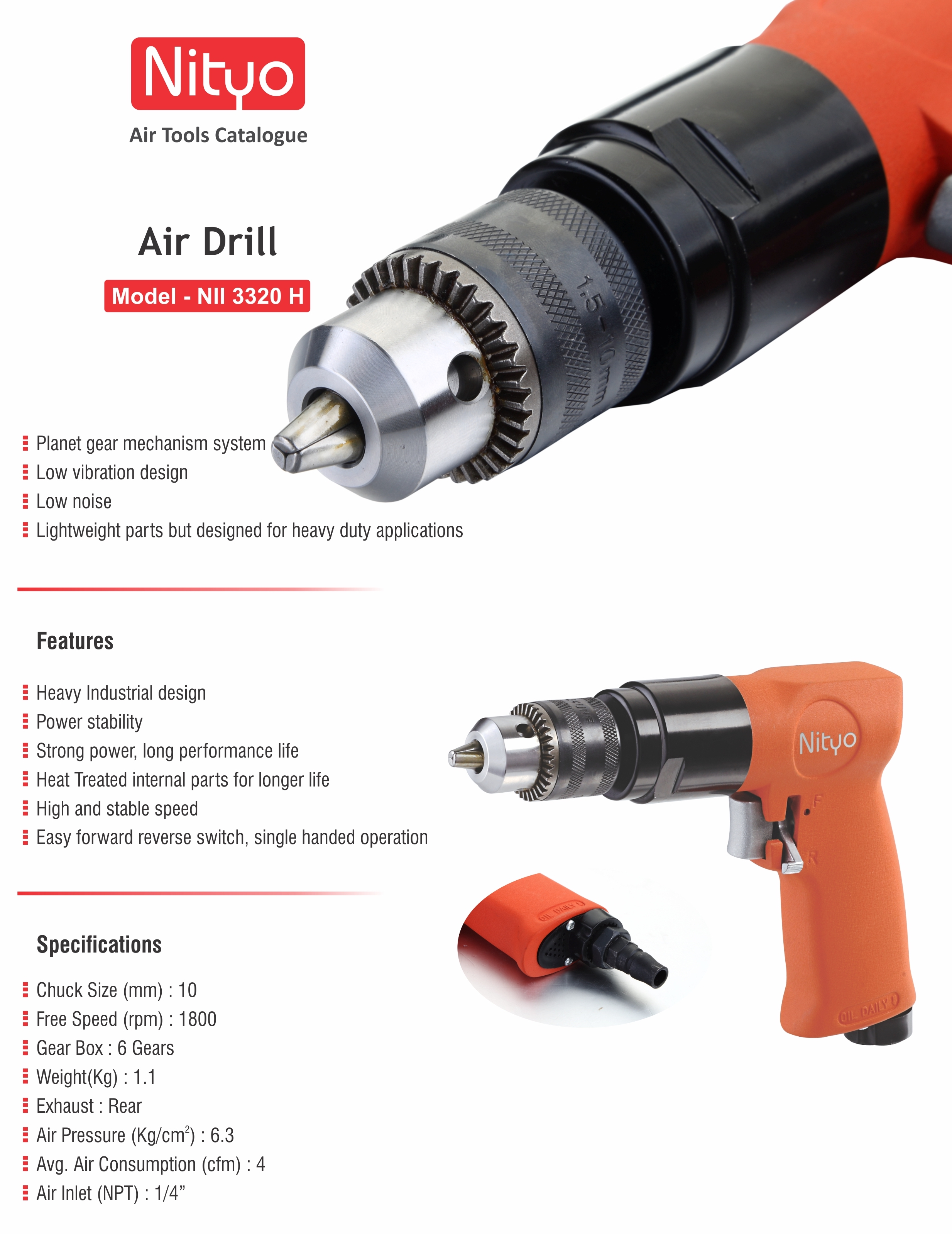 Nityo NI 3320 H 10mm Heavy-Duty Air Drill | 1800 RPM | 6-Gear System | Rear Exhaust | Low Noise