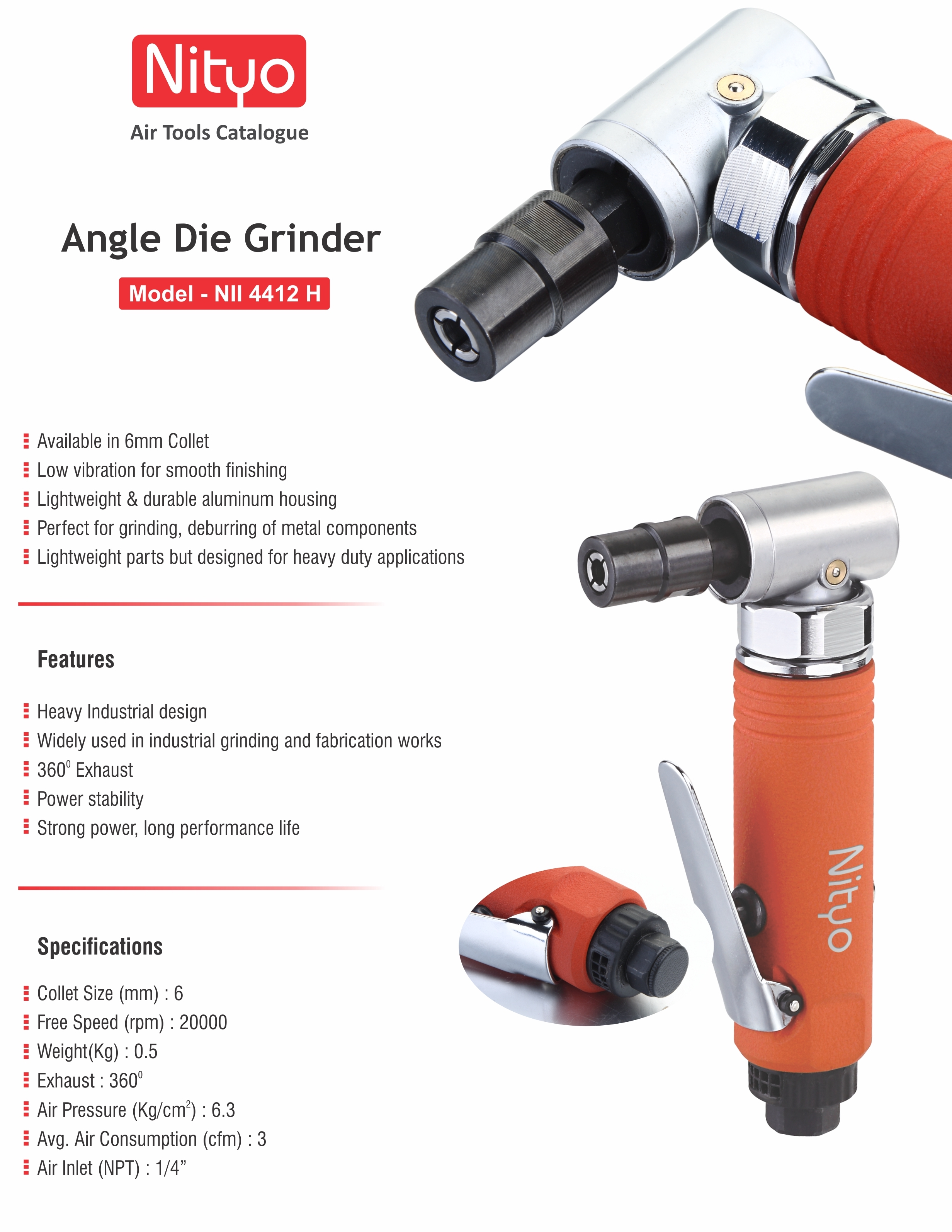 Nityo NII 4412 H Angle Die Grinder – 6mm Collet | 20,000 RPM | 360° Exhaust | Lightweight Industrial Tool