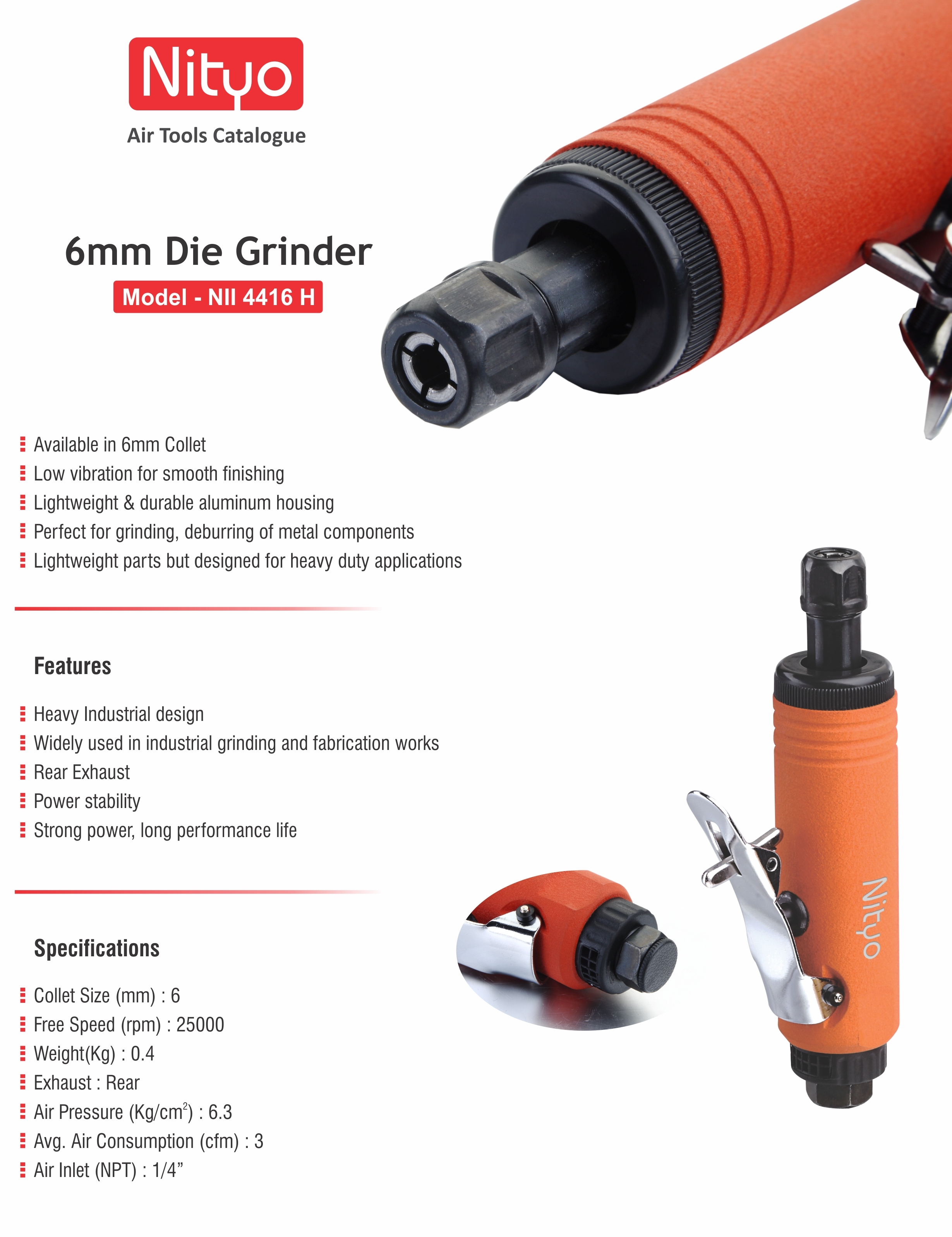 Nityo NII 4416 H 6mm Die Grinder – 25,000 RPM | Rear Exhaust | Lightweight & Heavy-Duty