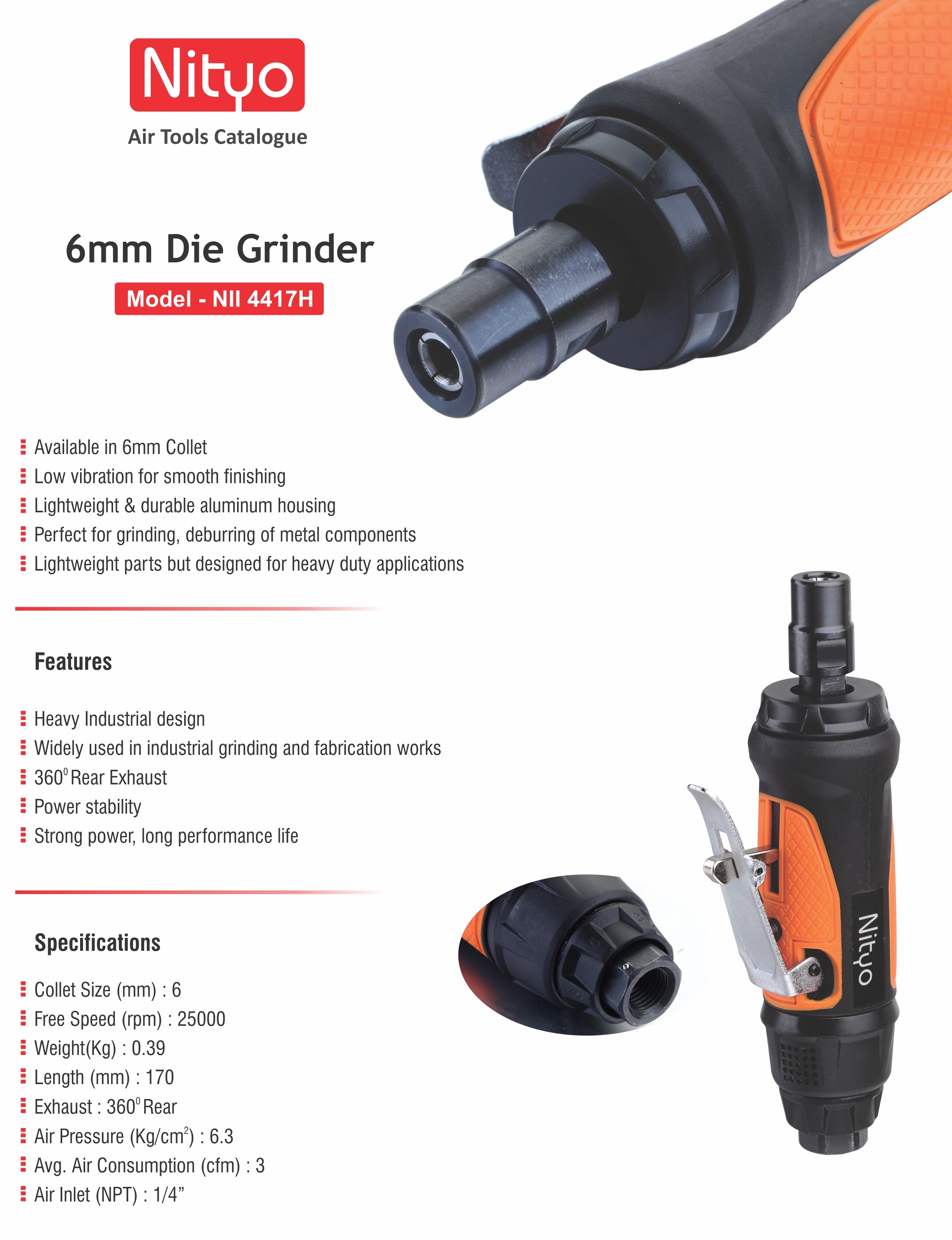 Nityo NIL 4417 H 6mm Die Grinder – 25,000 RPM | 360° Rear Exhaust | Ultra-Lightweight & Heavy-Duty