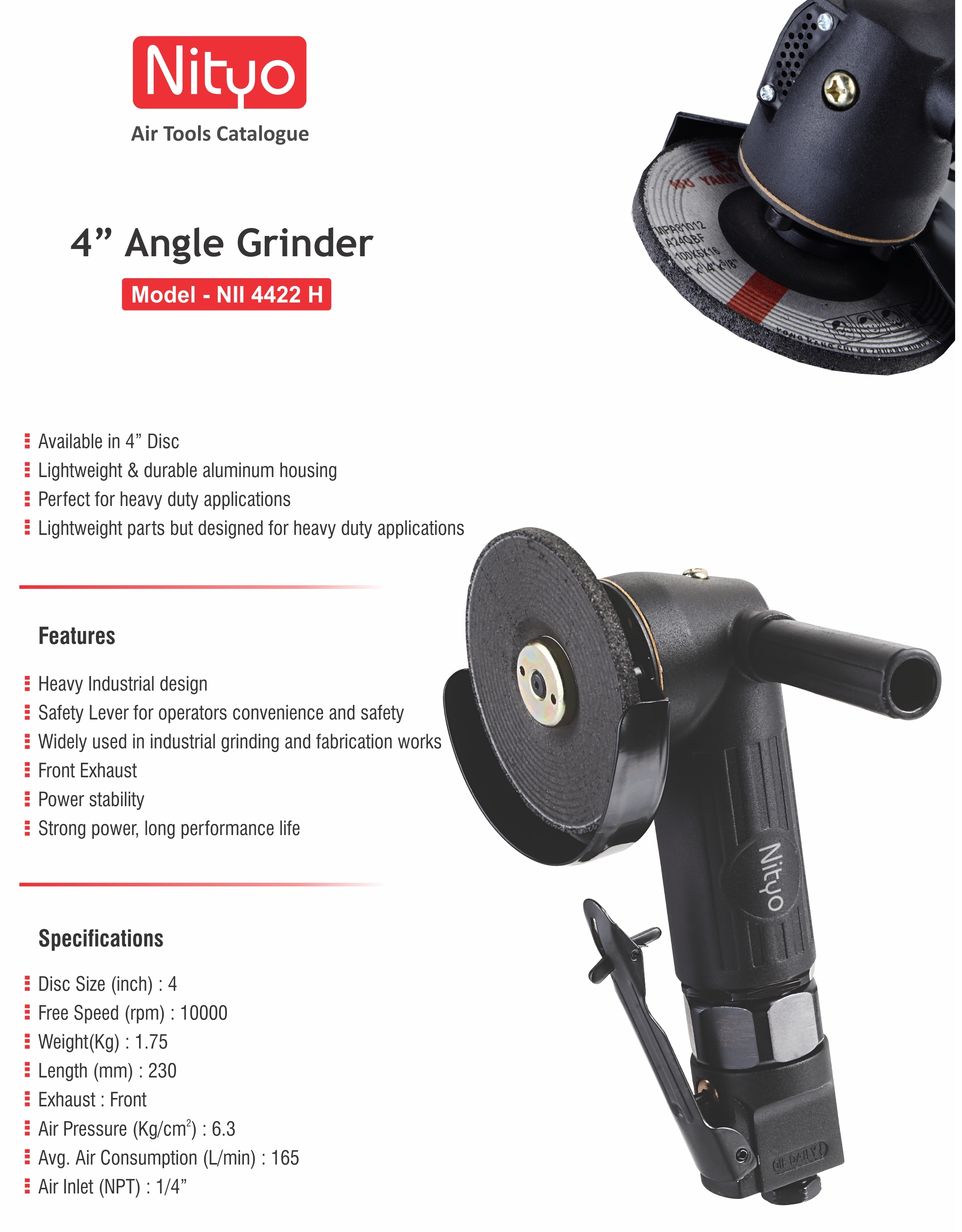 Nityo NI 4422H 4-Inch Pneumatic Angle Grinder – 10,000 RPM | Front Exhaust | Heavy-Duty Industrial Use