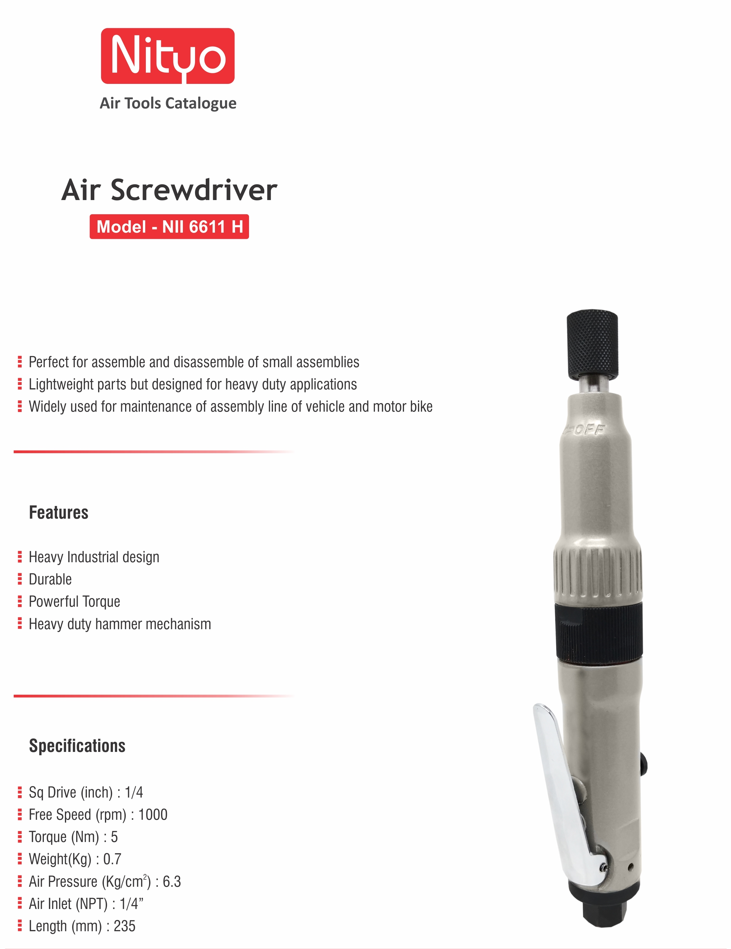 Nityo NIl 6611 H 1/4" Air Screwdriver | 1000 RPM | 5 Nm Torque | Lightweight Pneumatic Tool