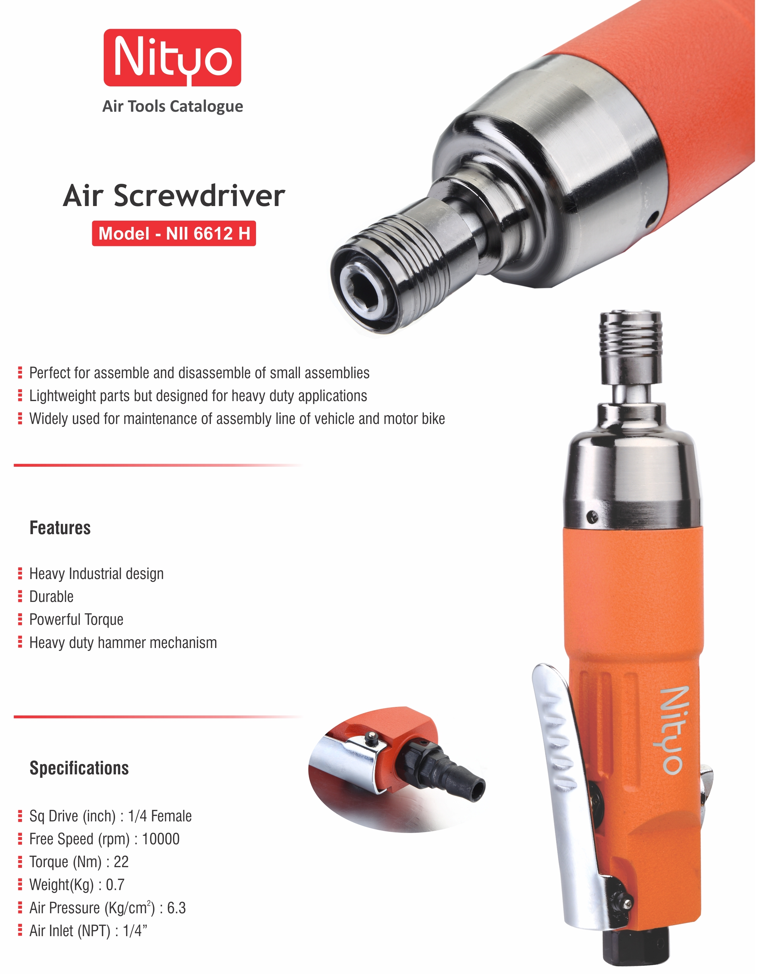 Nityo NIl 6612 H 1/4" Female Air Screwdriver | 10,000 RPM | 22 Nm Torque | Lightweight Pneumatic Tool