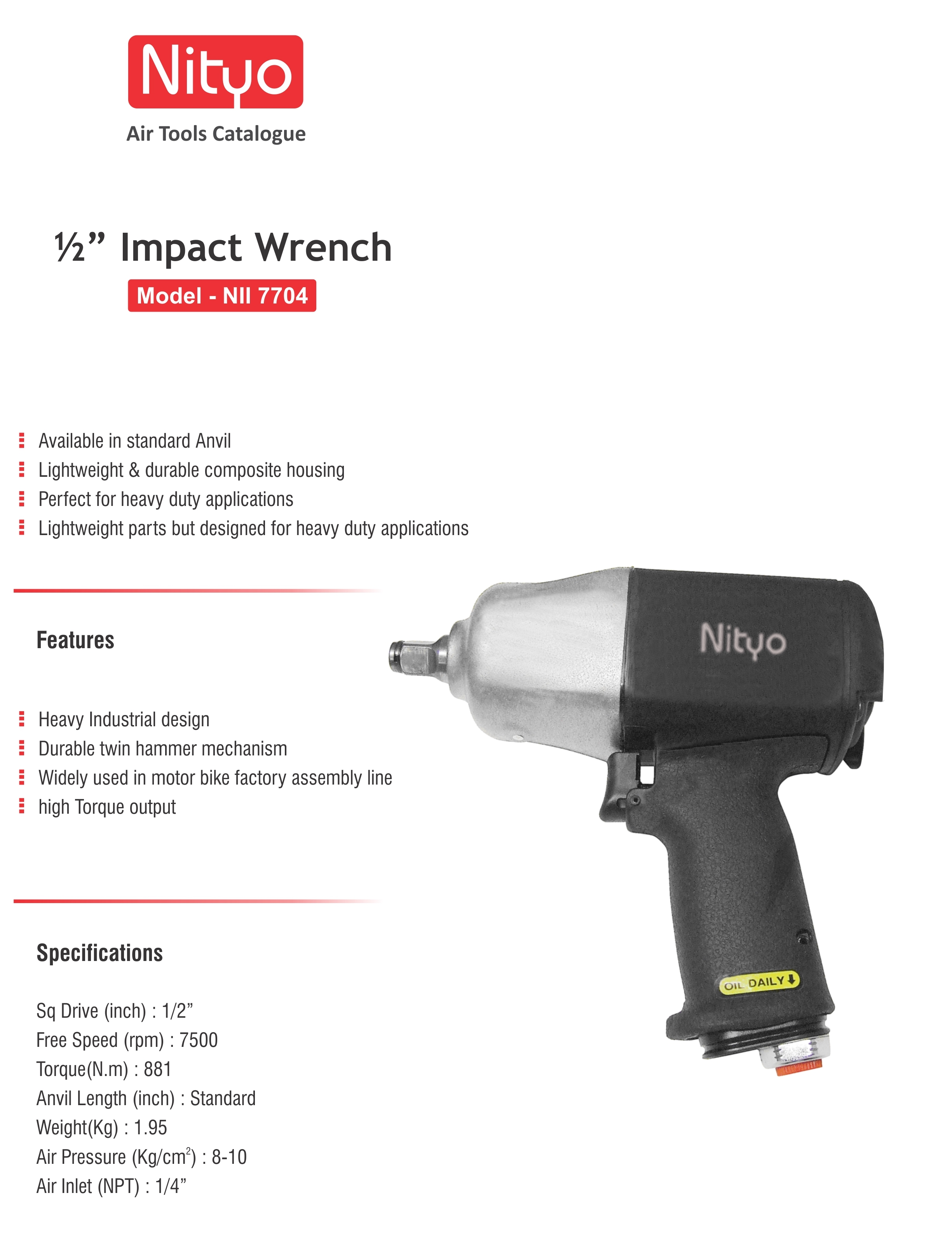 Nityo NI 7704 1/2" Air Impact Wrench – 881 Nm Torque, Twin Hammer, Lightweight Composite Body