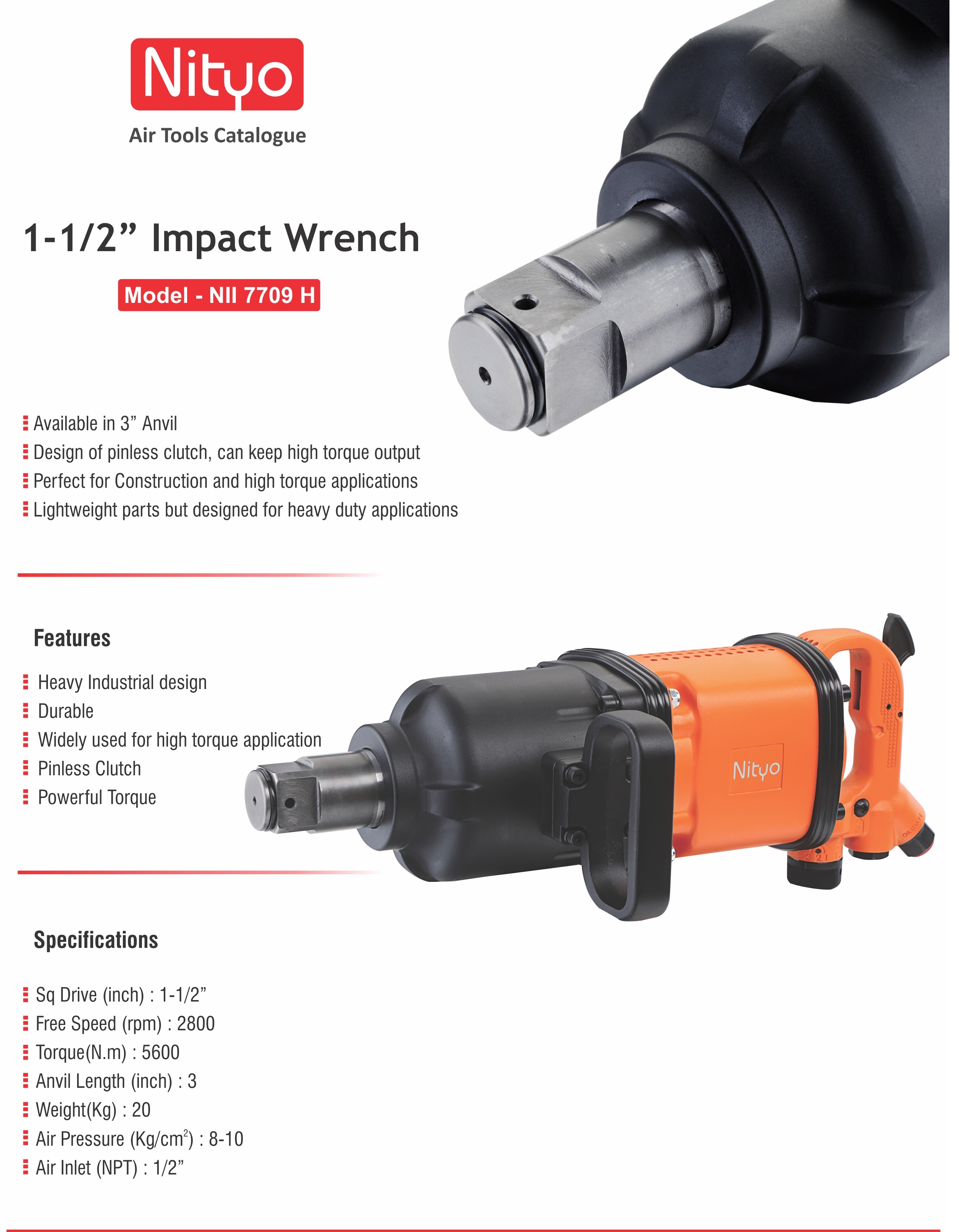 NIL 7709H 1-1/2" Heavy Duty Air Impact Wrench with 3" Anvil – 5600 Nm Torque