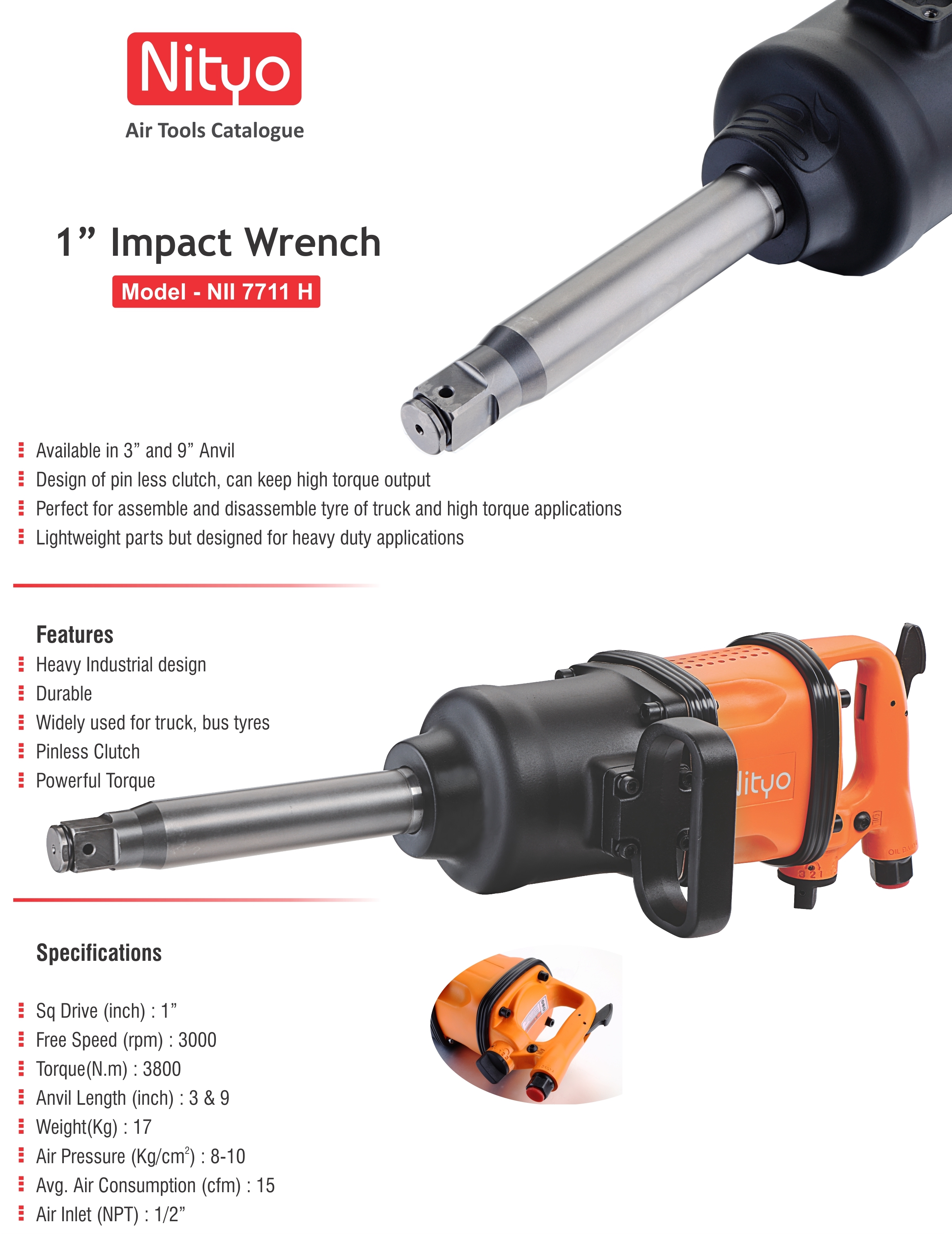 NI 7711H 1" Heavy Duty Air Impact Wrench – 3" & 9" Anvil, 3800 Nm Torque