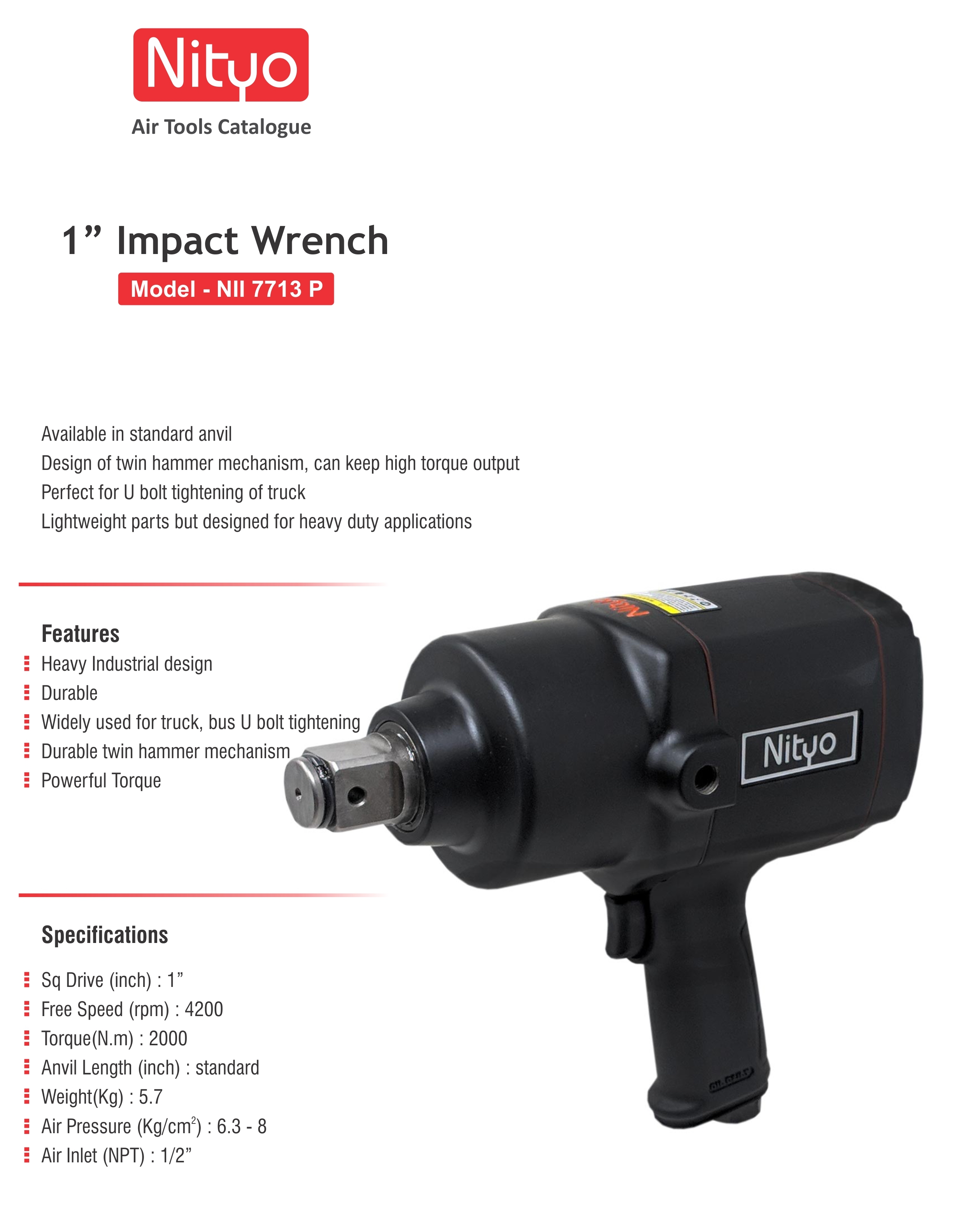 Nituo NI 7713P 1" Air Impact Wrench – Twin Hammer, 2000 Nm Torque, Lightweight Design