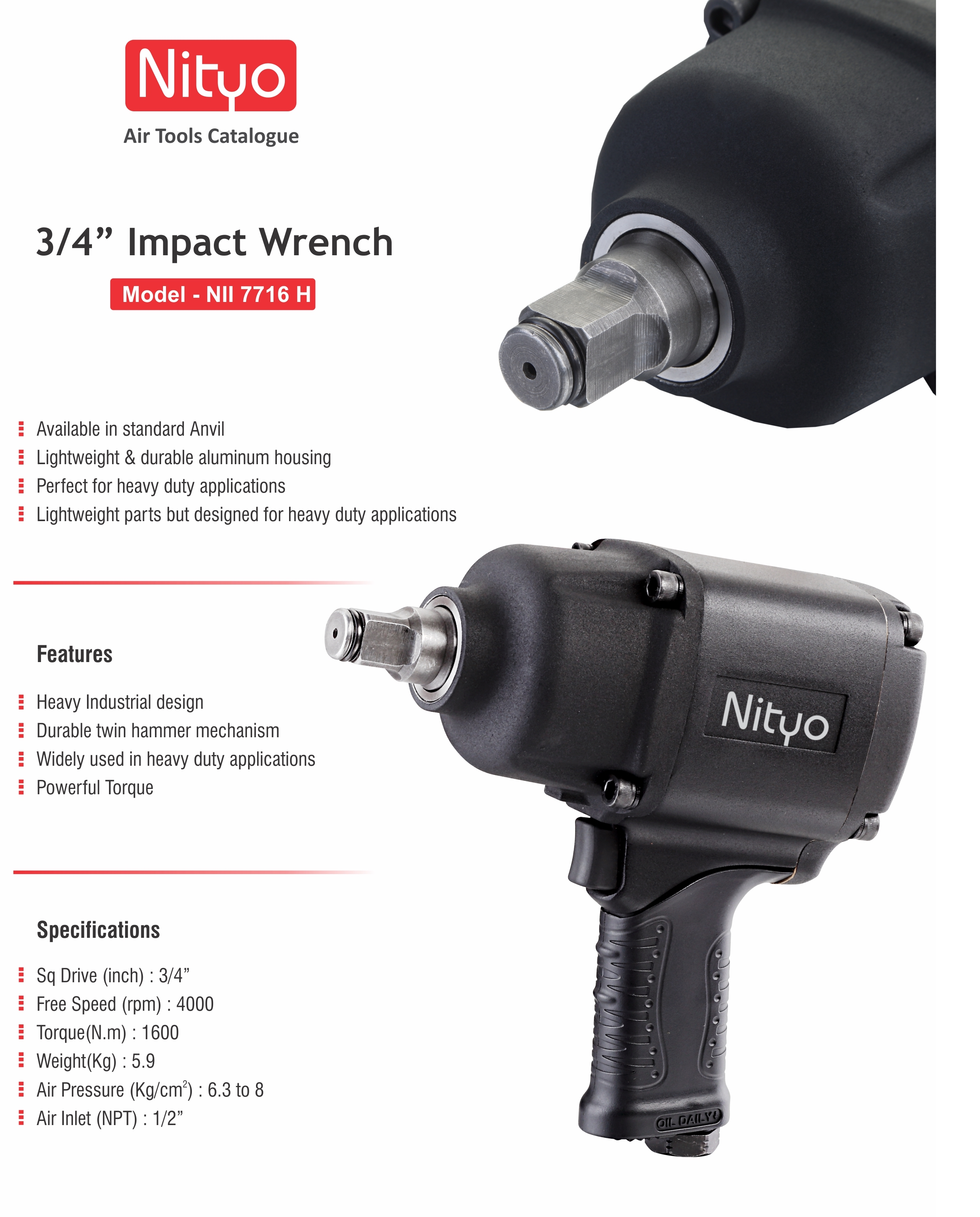 Nityo NI 7705 3/4" Air Impact Wrench – Twin Hammer, 1350 Nm Torque, Heavy-Duty Design