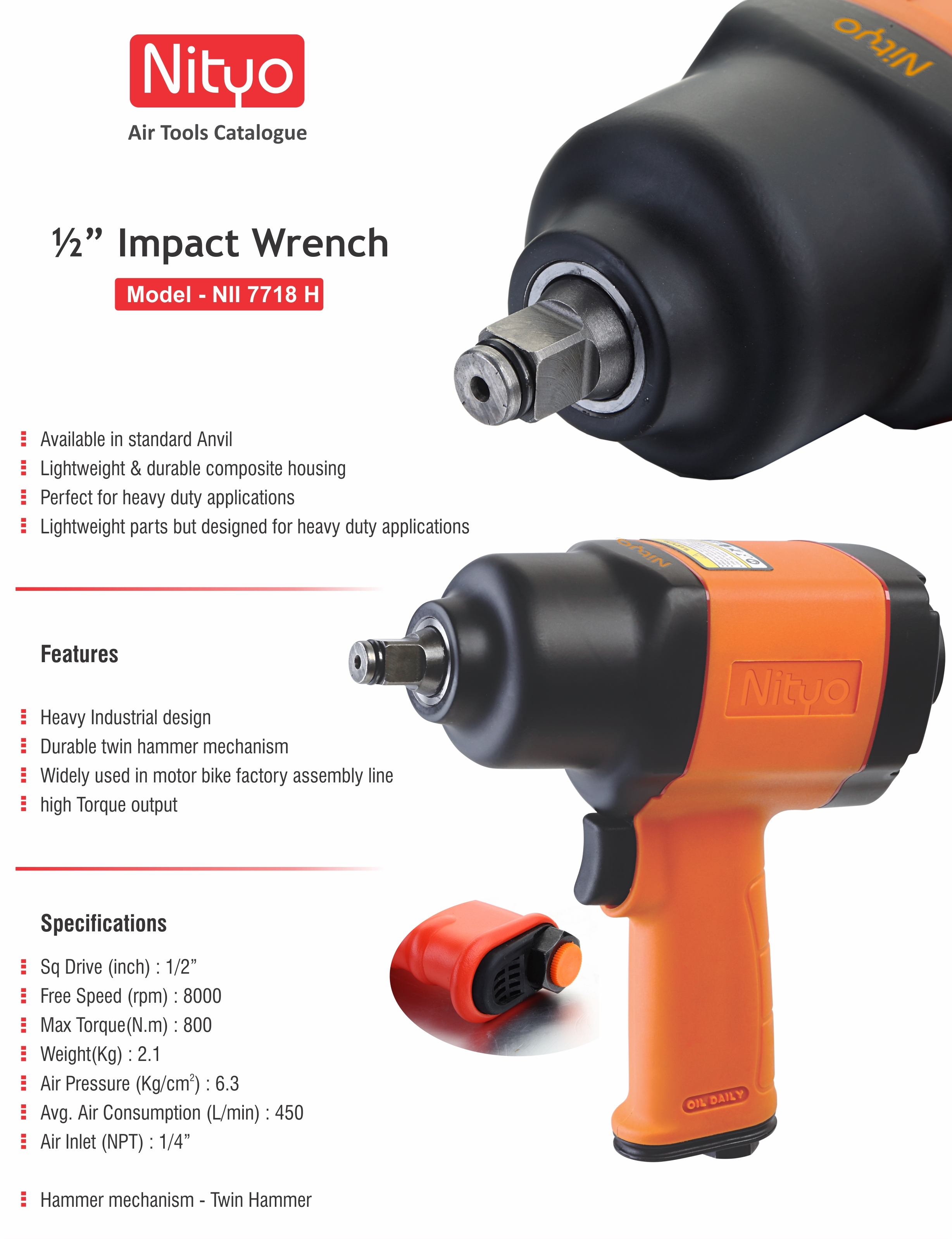 Nityo NI 7718 H 1/2" Air Impact Wrench – 800 Nm Max Torque, Twin Hammer, Composite Housing