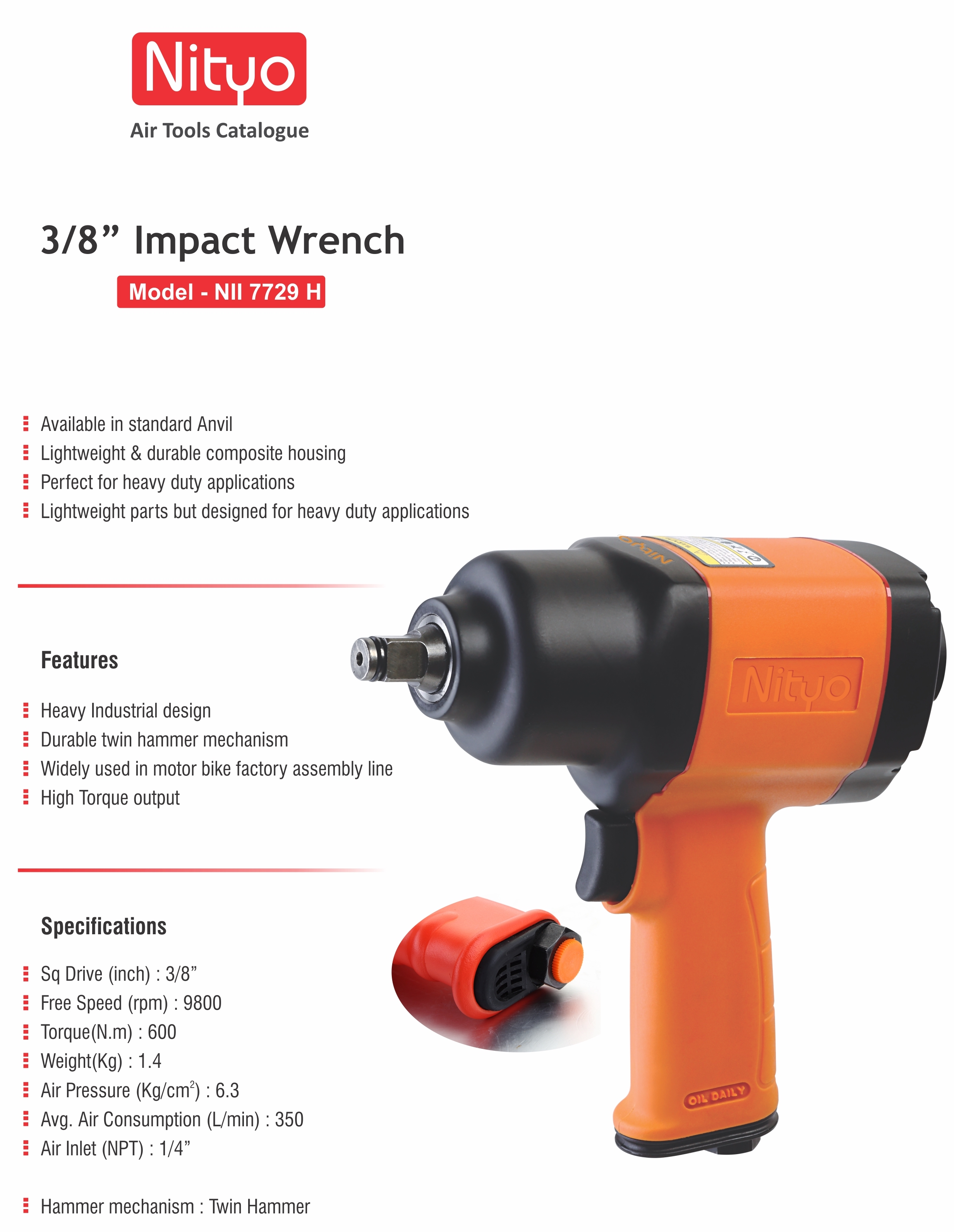 Nityo NII 7729 H 3/8" Air Impact Wrench – 600 Nm Torque, Twin Hammer, Composite Body