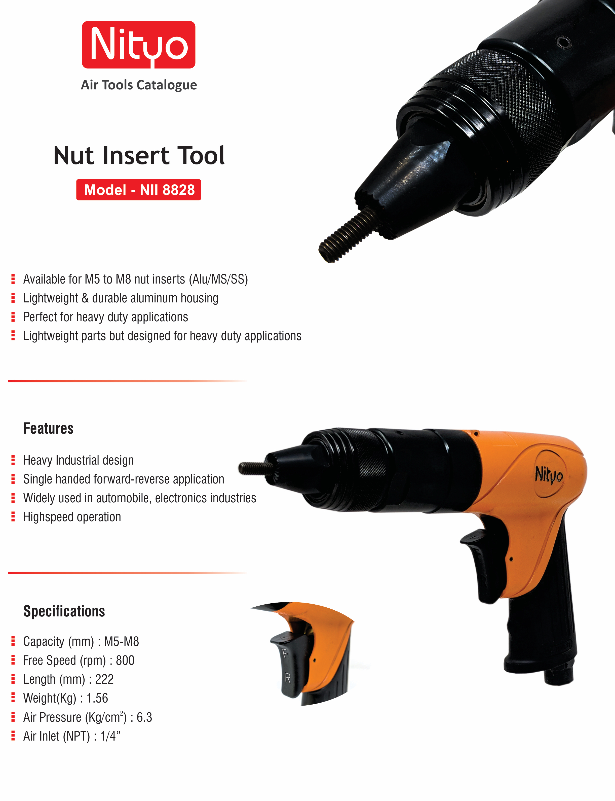 Nityo NIl 8828 Pneumatic Nut Insert Tool | M5-M8 Capacity | 800 RPM | Heavy-Duty Air Rivet Nut Gun