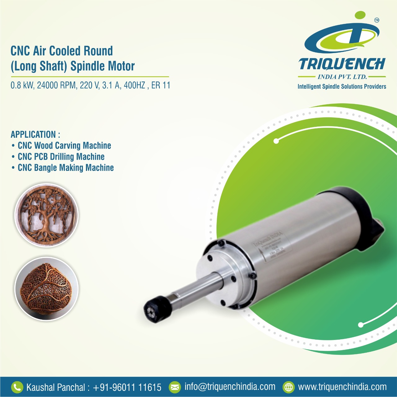 CNC Spindle Motor 0.8kW, 24000RPM, 220V, Air Cooled Round (Long Shaft)